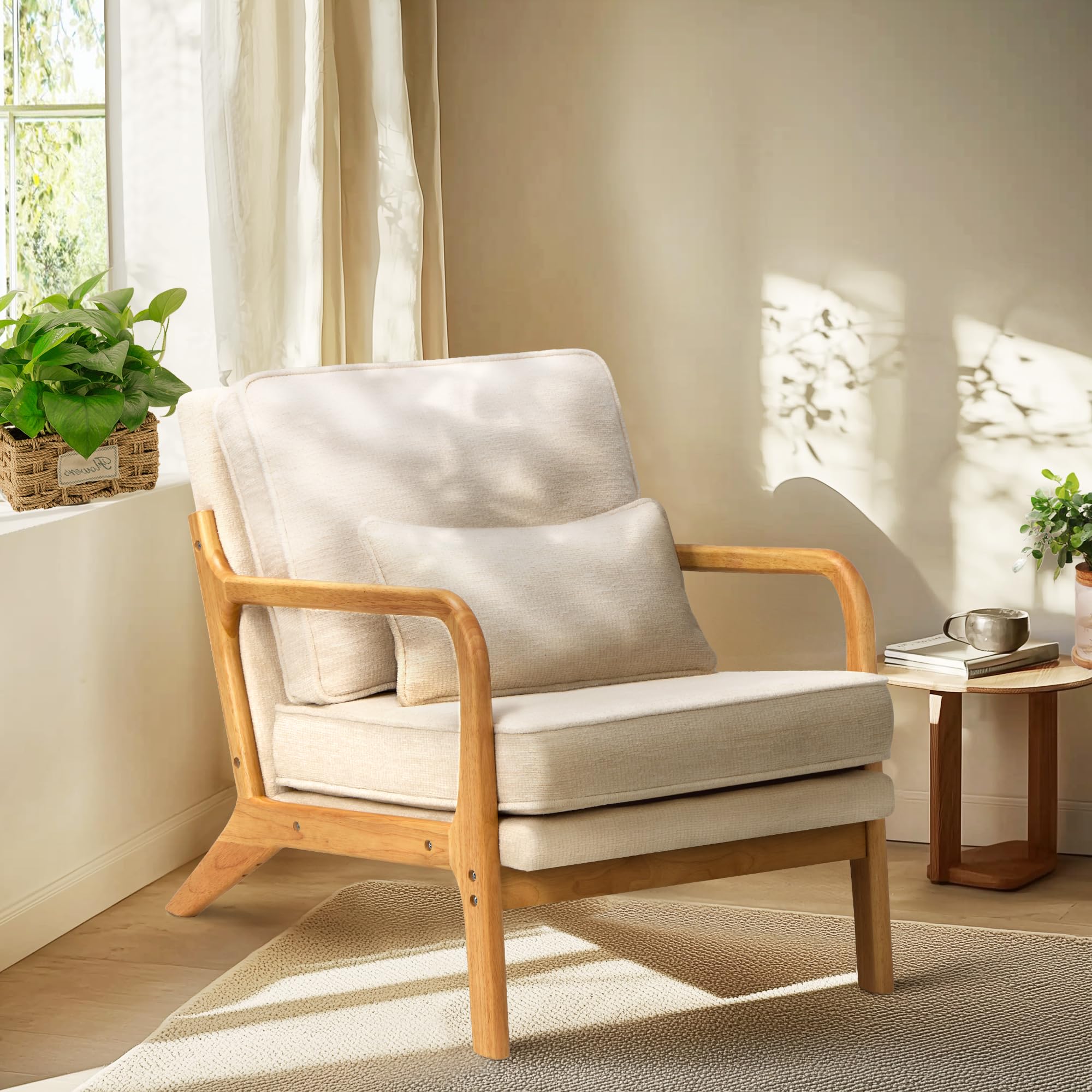 COLAMY Mid Century Modern Accent Chair with Lumbar Pillow, Relaxing Armchair with Solid Wood Frame & Soft Cushion, Reading Leisu