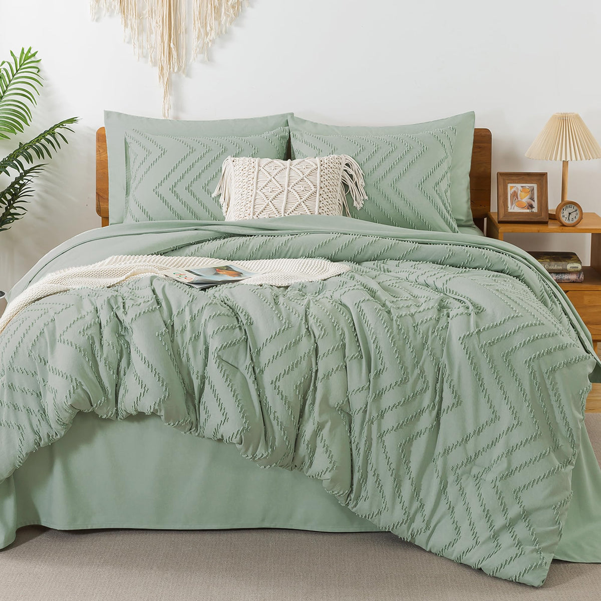 Litanika King Size Comforter Set With Sheets Sage Green - 7 Pieces Bed In A Bag King Boho Tufted Complete Beddding Sets With Com