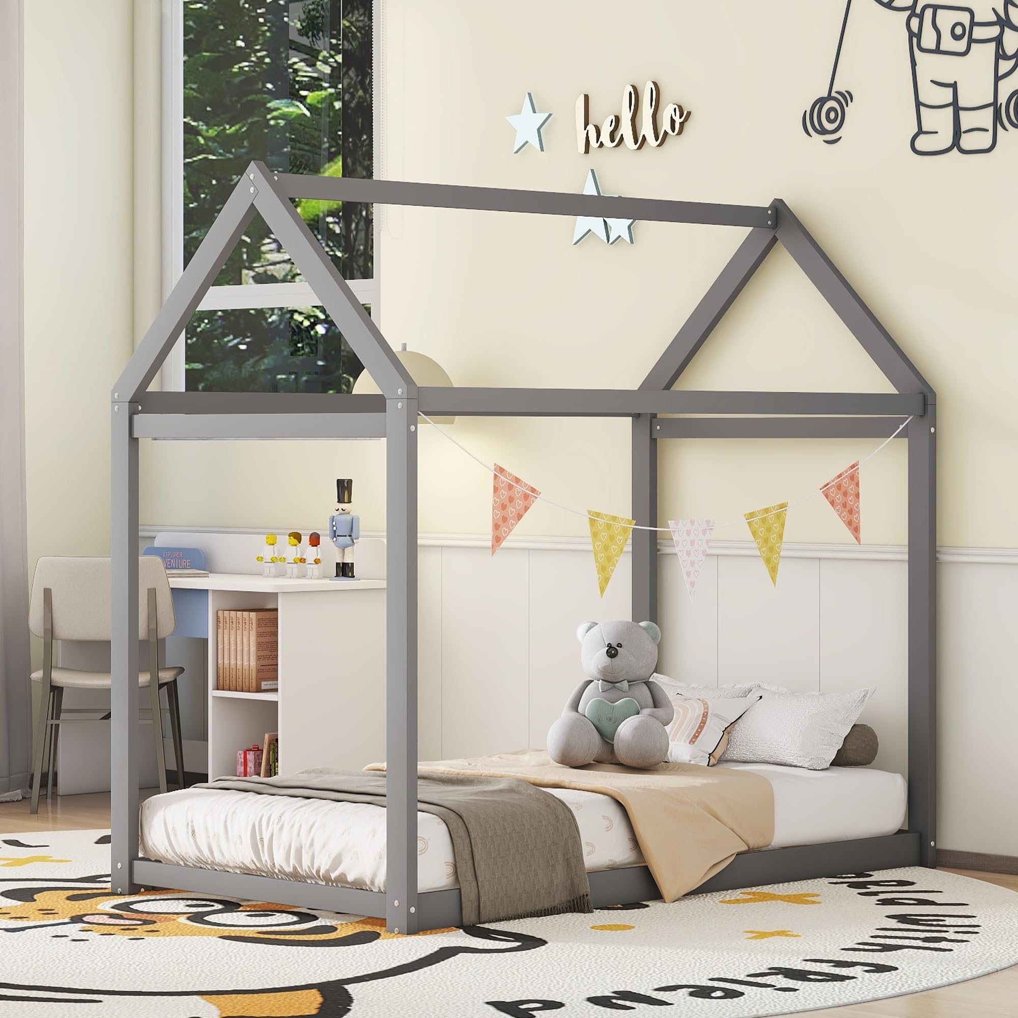 Twin House Floor Bed for Kids, Wooden Twin Montessori Bed Frame,Kids Twin Bed Frames for Baby Girls, Boys(Twin,Grey)