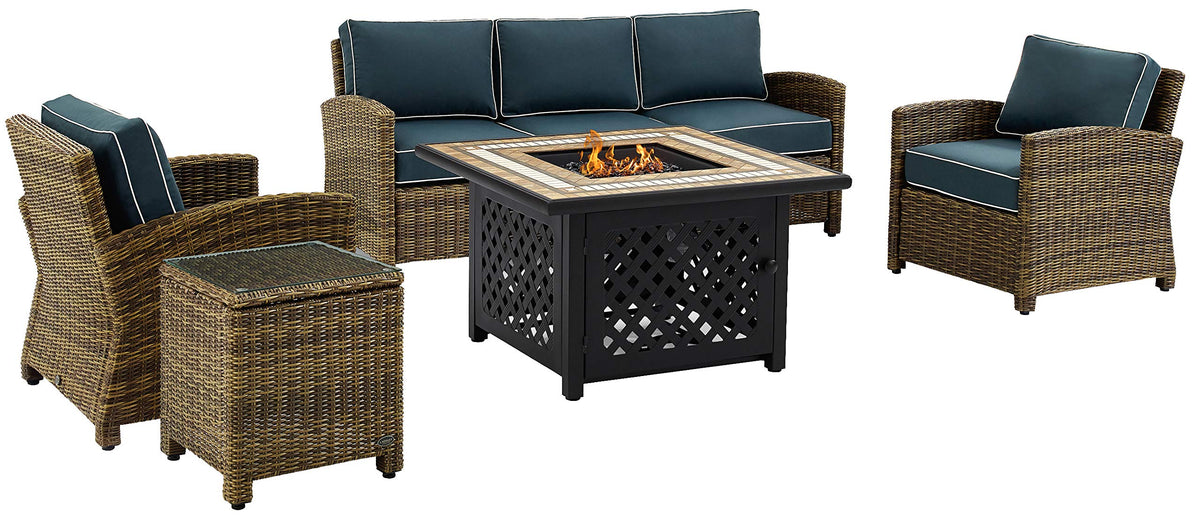 Crosley Furniture Bradenton 5-Piece Wicker Outdoor Sofa Patio Furniture Set with Propane Gas Fire Pit Table, Brown with Navy Cushions