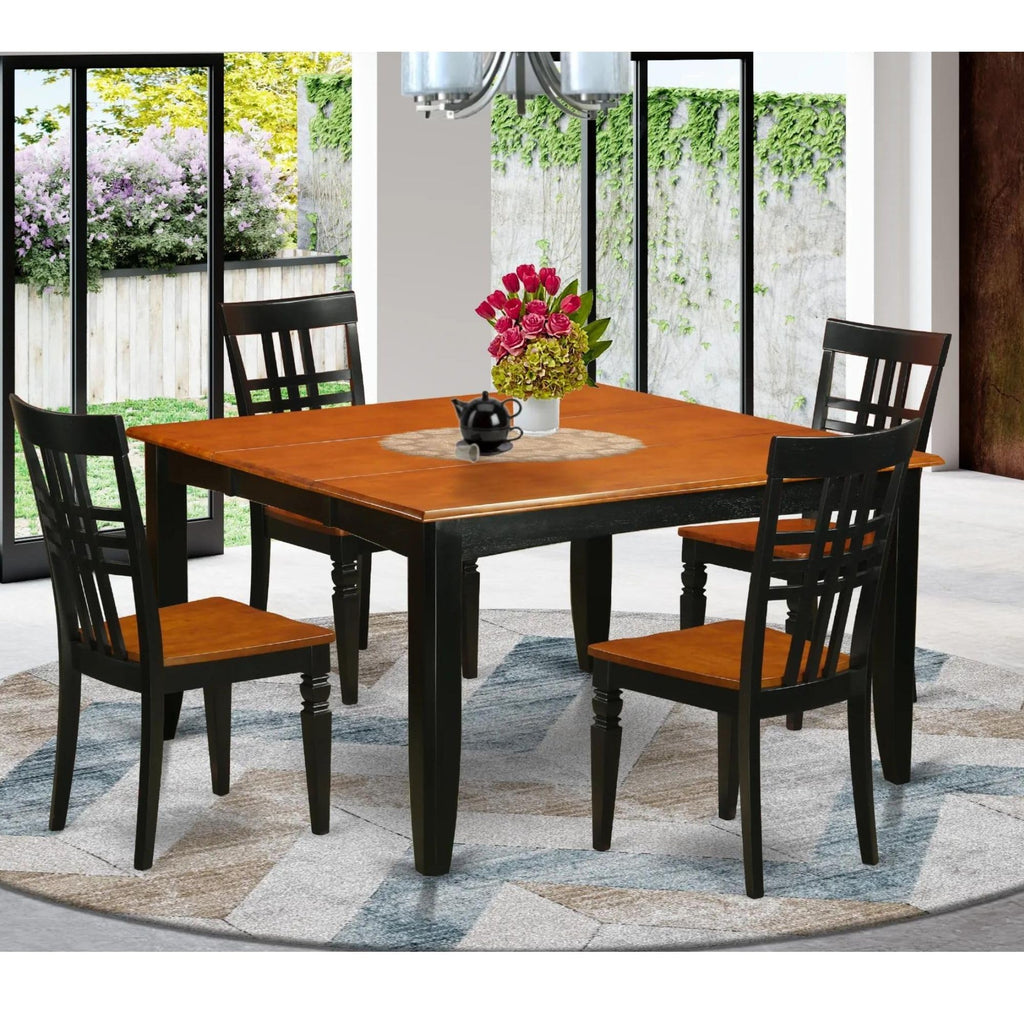 East West Furniture PFLG5-BCH-W 5 Piece Dining Table Set for 4 Includes a Square Kitchen Table with Butterfly Leaf and 4 Dinette Chairs, 54x54 Inch, Black & Cherry