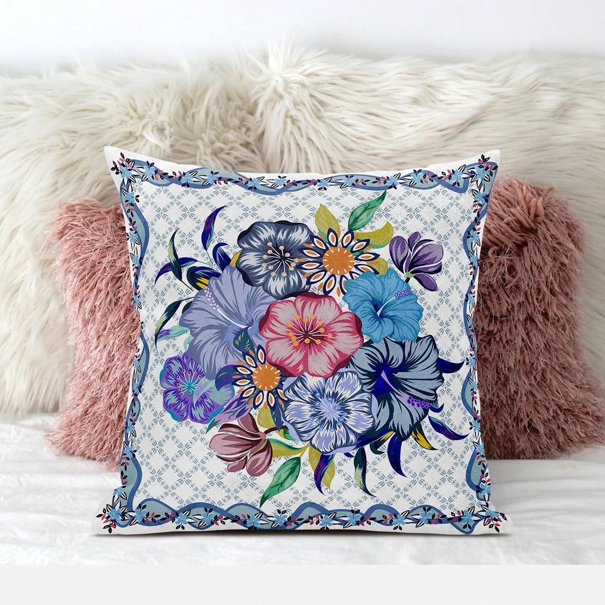 HomeRoots 18x18 White Blue Blown Seam Broadcloth Floral Throw Pillow