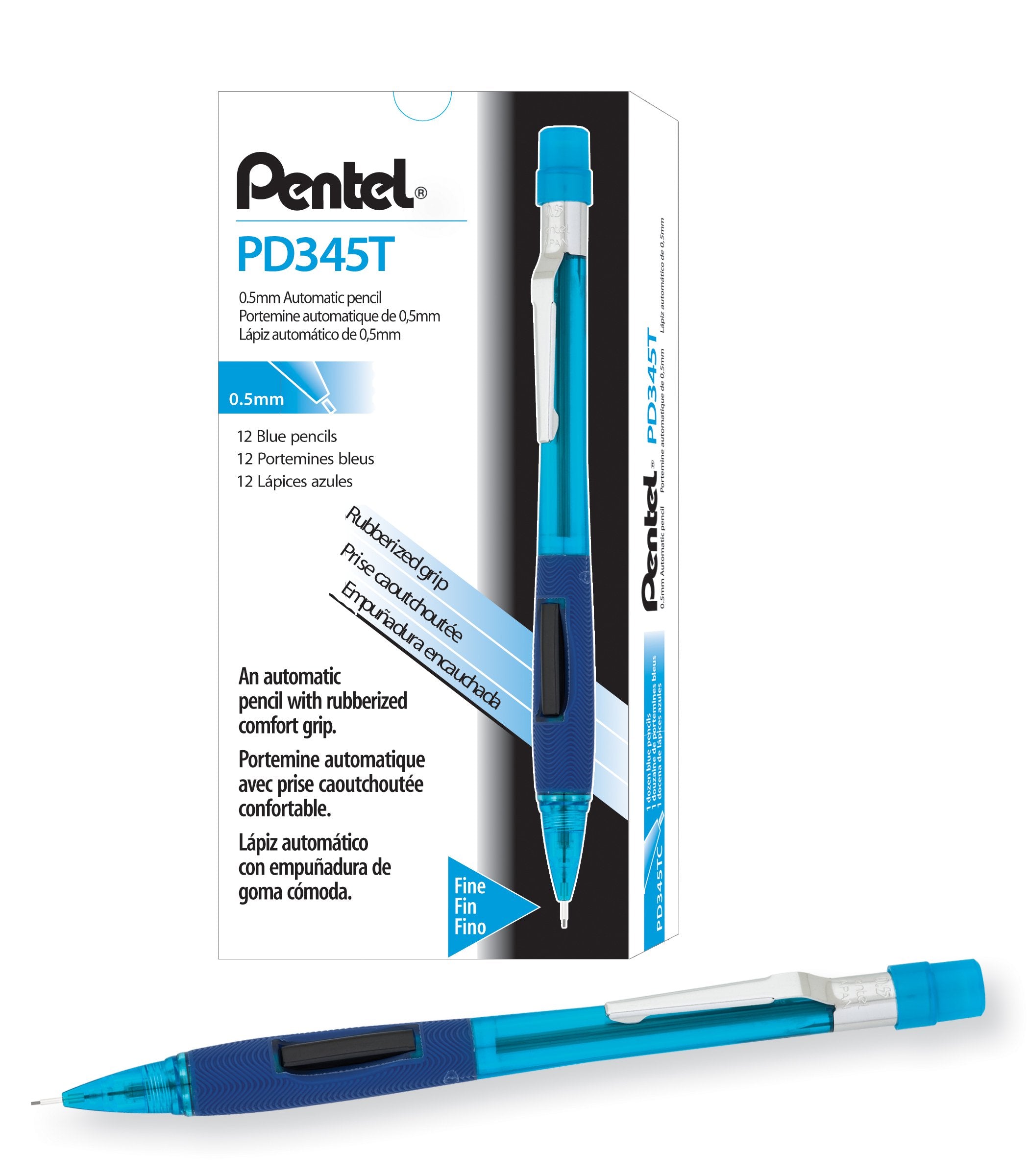 Pentel Quicker Clicker Automatic Pencil, 0.5Mm Lead Size, Transparent Blue Barrel, Box Of 12 (Pd345T-C)