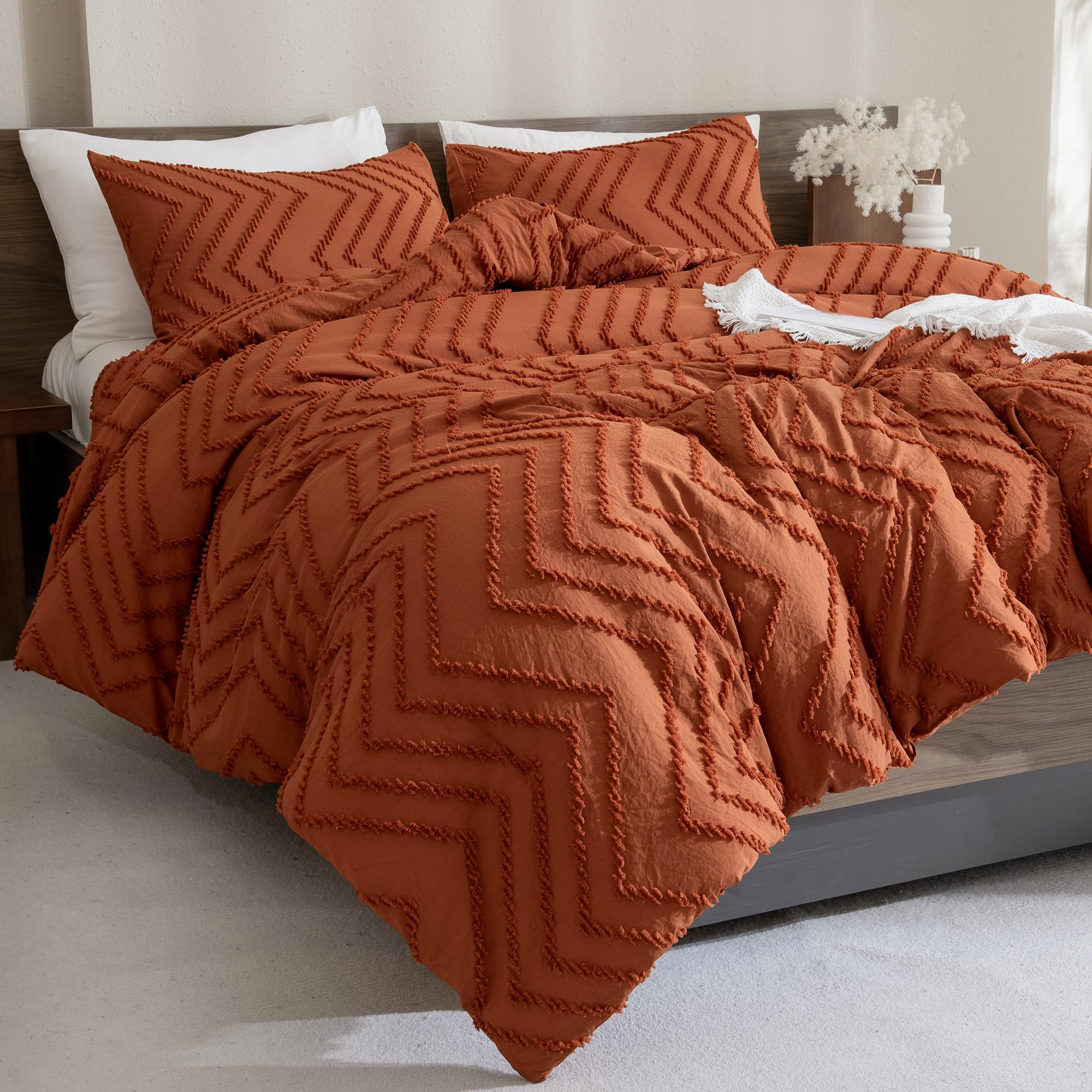 Andency Burnt Orange Comforter For Queen Size Bed, Boho Terracotta Soft Warm Bedding Comforter Sets For Queen Bed, 3 Pieces Rust Chevron Tufted Aesthetic Microfiber Lightweight Comforter Set