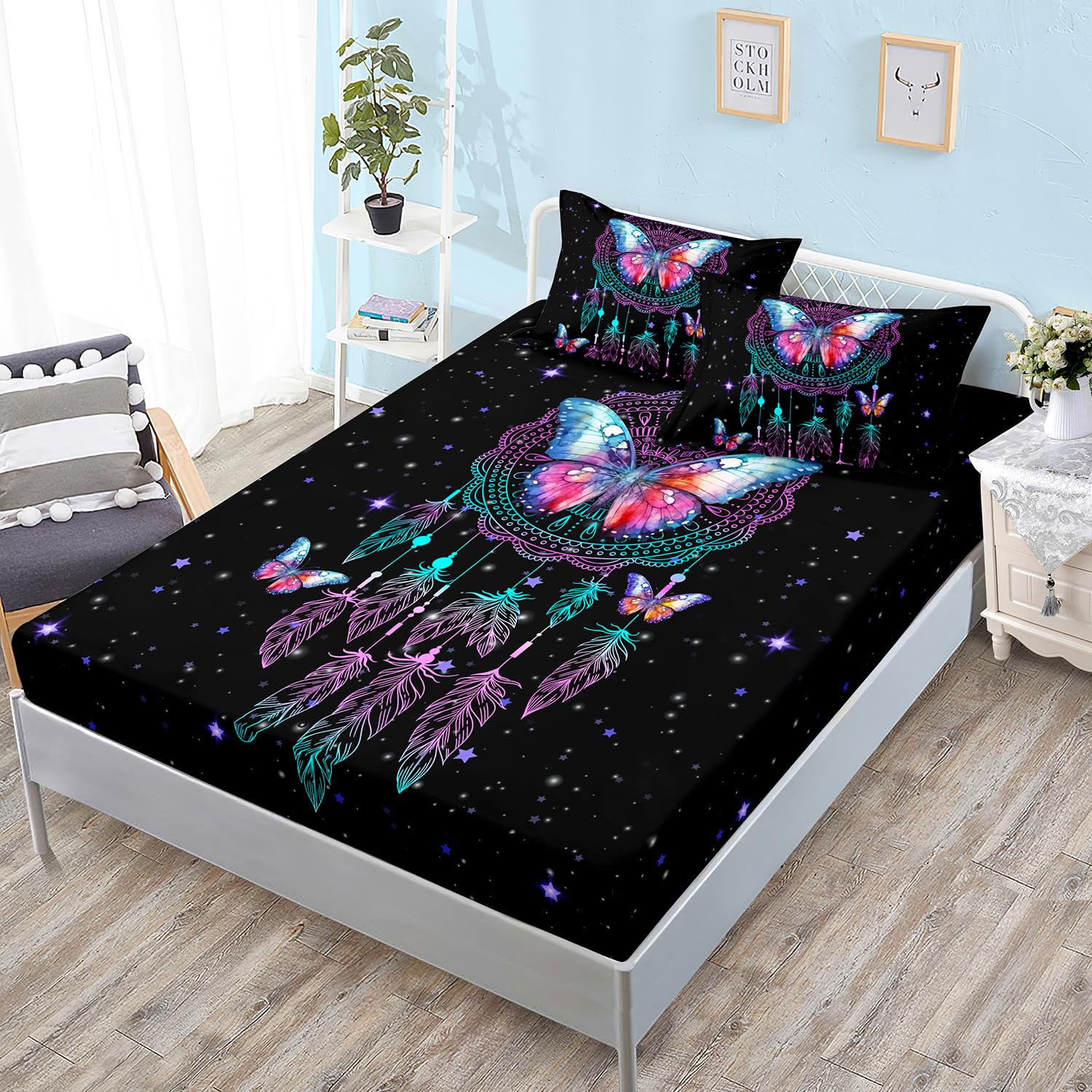 Hosima Dream Catcher Fitted Sheets For Queen Size Bed,Butterfly Feather Dream Stories Bedding Set Kidcore Room Decor Aesthetic B