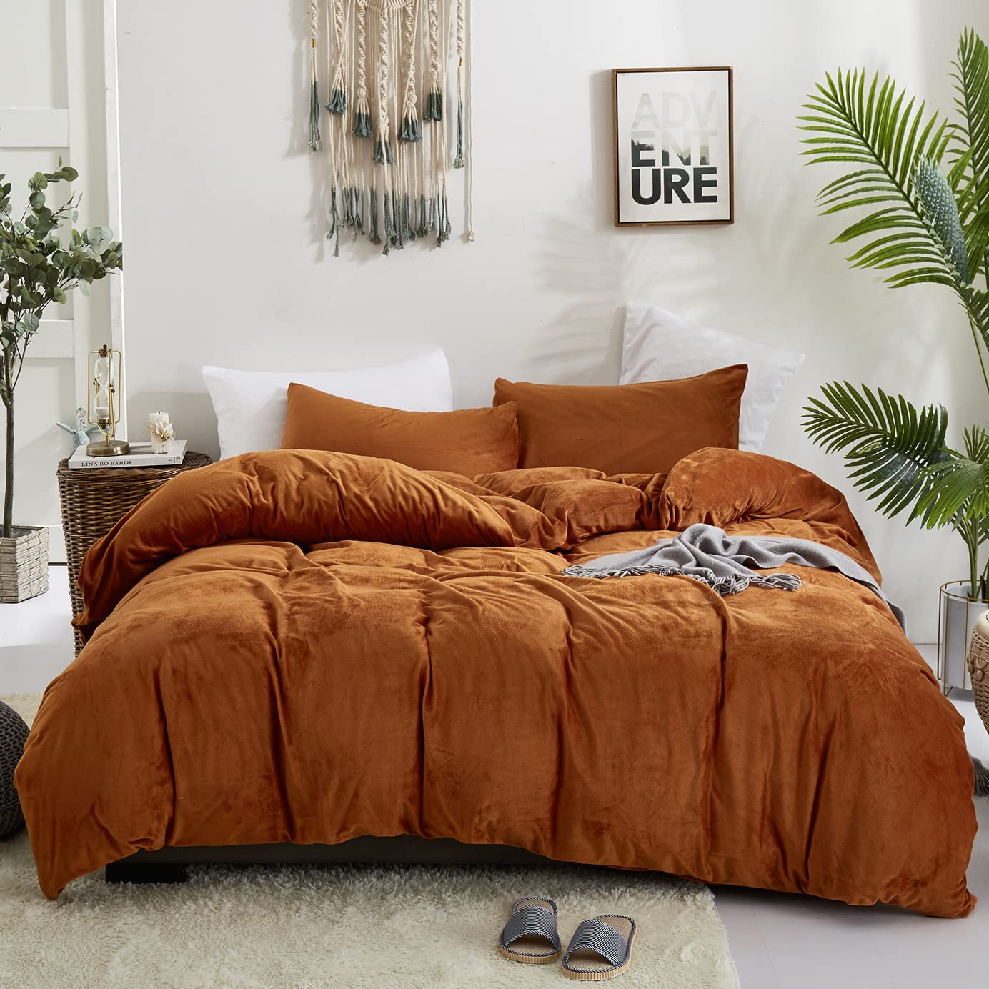 KAREVER Rust Velvet Duvet Cover Set, Queen Size (90x90in), 3 Pieces, Soft Warm Pumpkin Color Bedding, Corner Ties, Luxury Comforter Cover