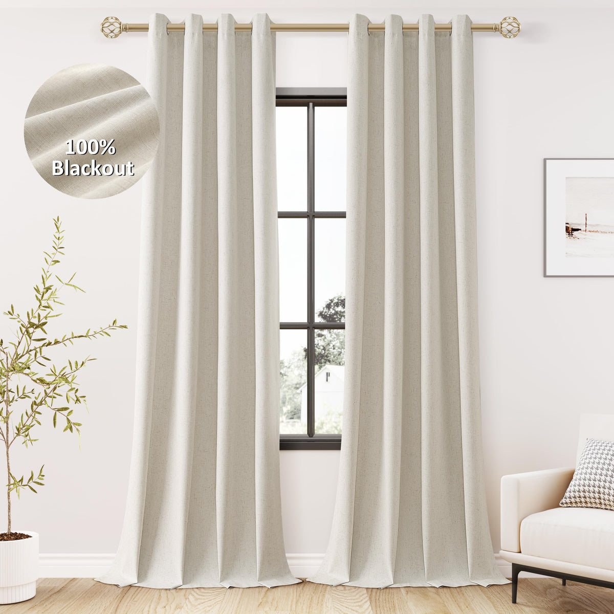 Jowels Natural Linen Blackout Curtains 120 Length 2 Panels Set For Living Room Bedroom, 100% Black Out Thermal Insulated Linen D