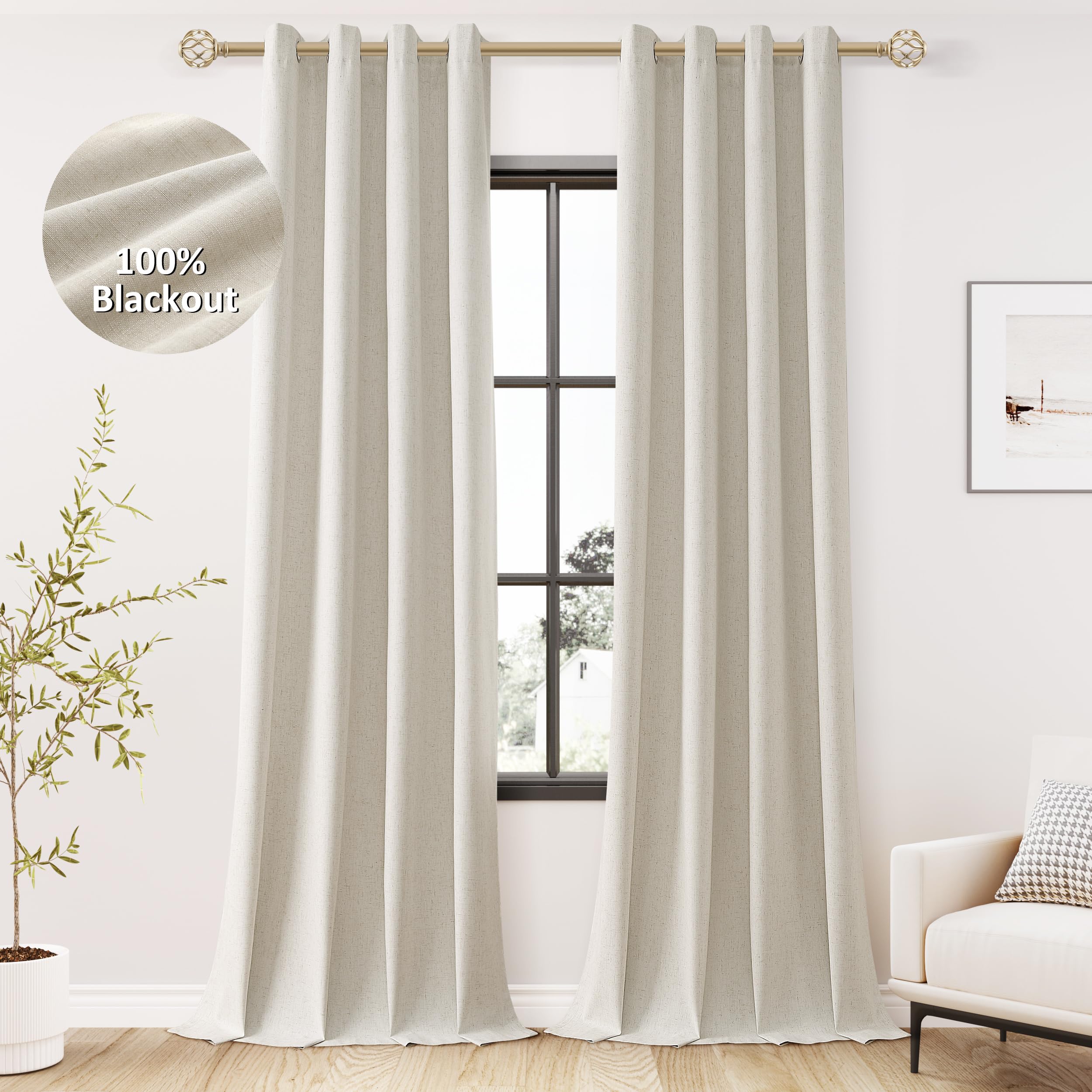 Jowels Natural Linen Blackout Curtains 96 Length 2 Panels Set for Living Room Bedroom, 100% Black Out Thermal Insulated Linen Dr