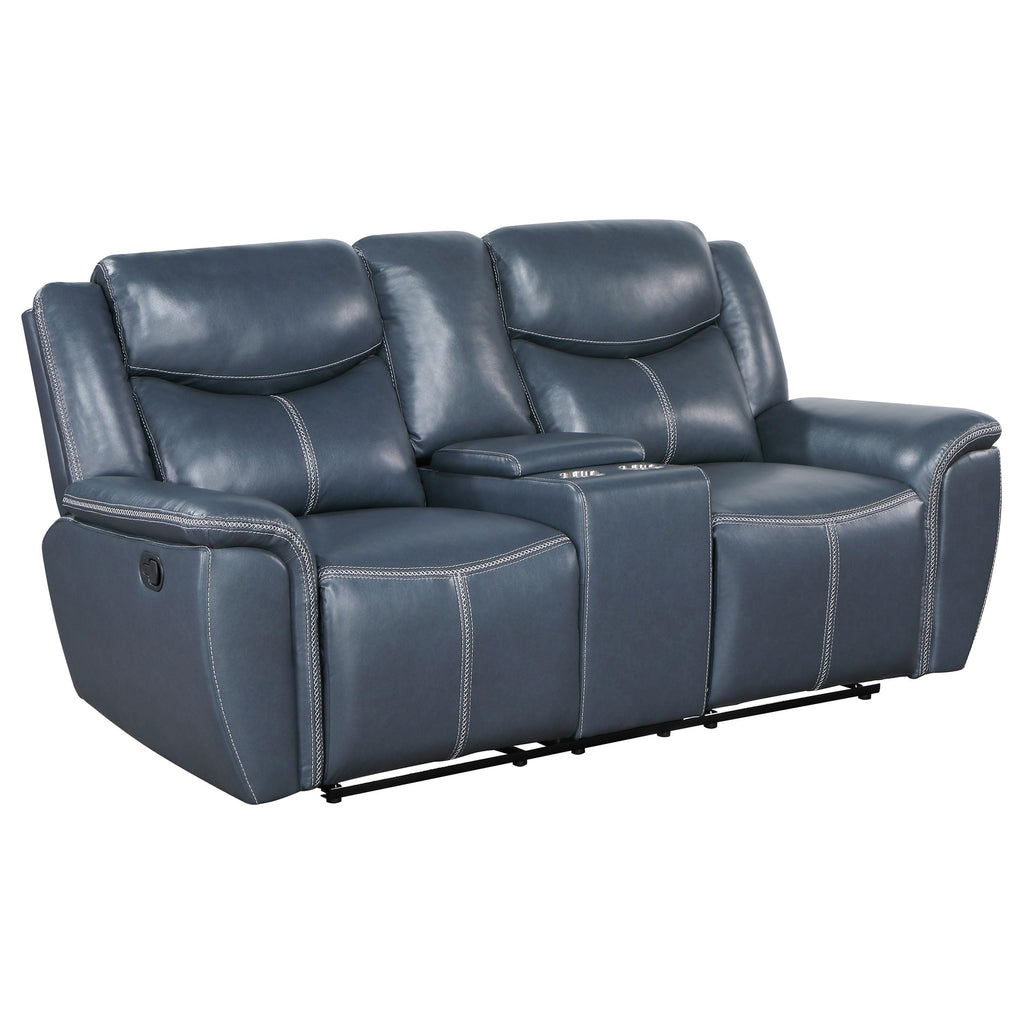 Coaster Home Furnishings Sloane Upholstered Motion Reclining Loveseat with Console Blue