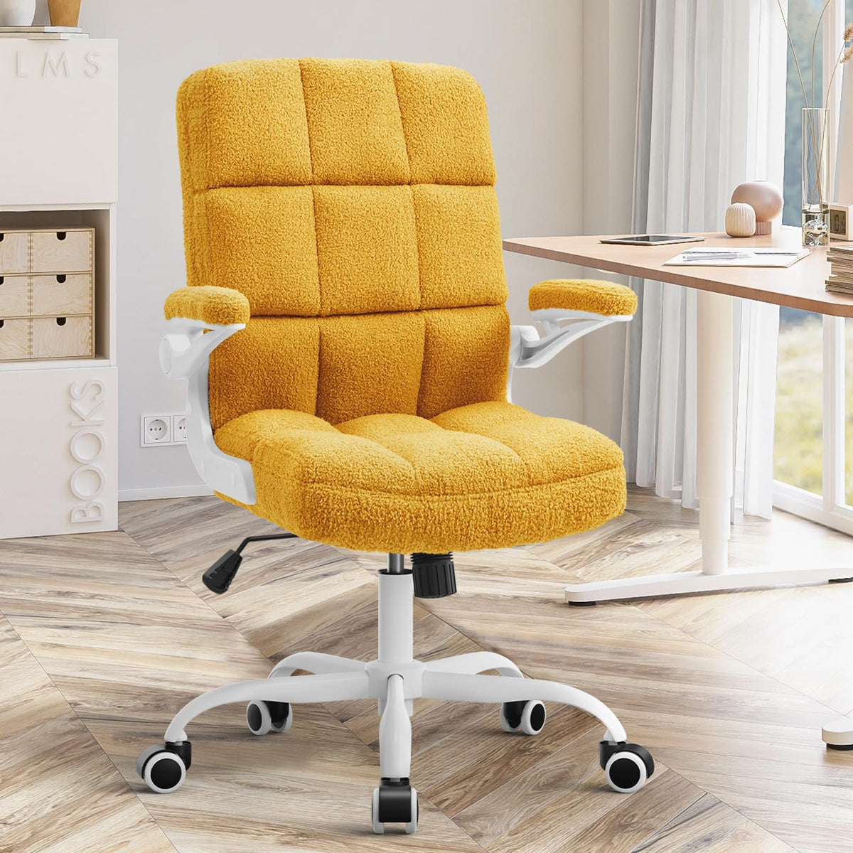 Seatzone Yellow Office Chair, Home Office Desk Chairs With Flip-Up Armrest, Fuzzy Rolling Desk Chair With Wheels, Faux Fur Compu