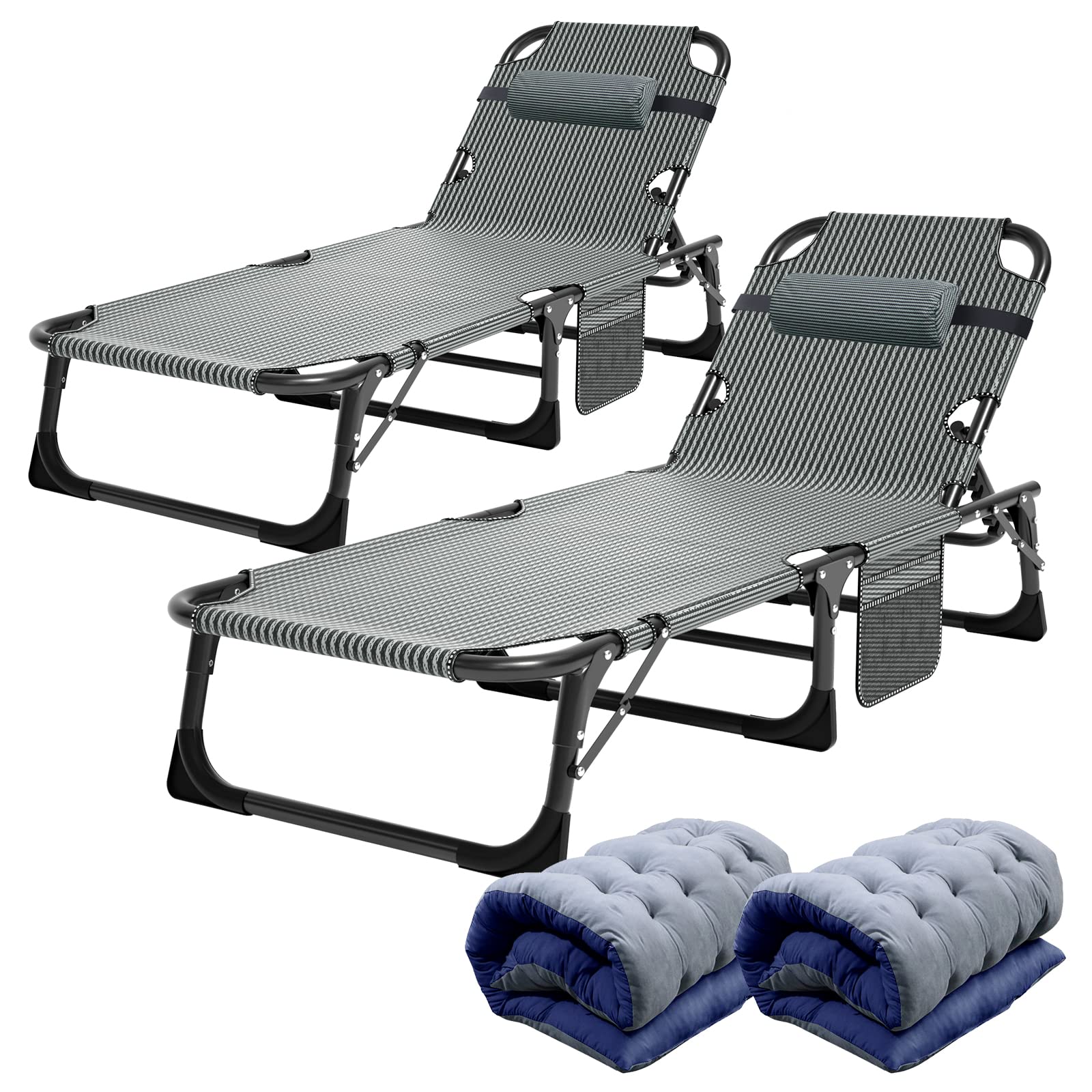 ABORON 2PK Heavy Duty Tanning Chair, 5-Gear Outdoor Folding Chaise Lounge Chair with Cushion,Portable Beach Lounge Chair for Out