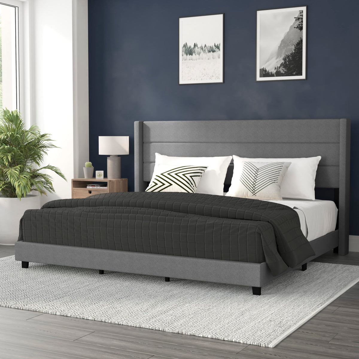 Flash Furniture Hollis Upholstered Platform Bed - Gray Faux Linen Wingback Headboard - King - Mattress Foundation with Slatted Supports - No Box Spring Needed