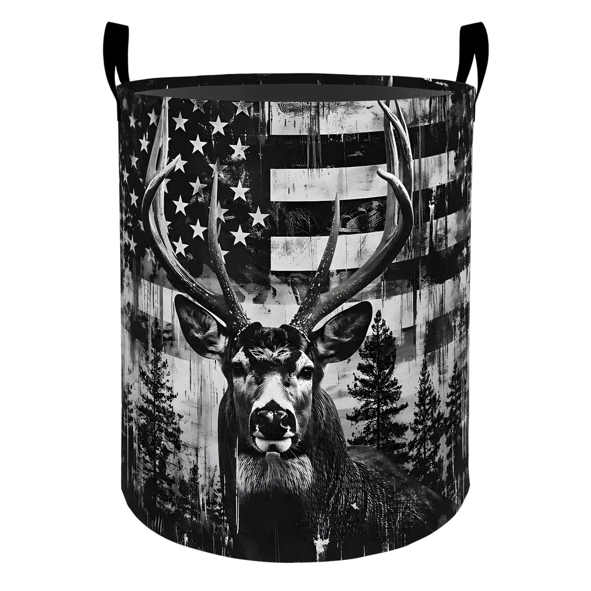Patriotic Deer Laundry Basket Hamper for Boys Girls Kids Adults, Foldable Waterproof Oxford Clothes Storage Bin, American Flag H