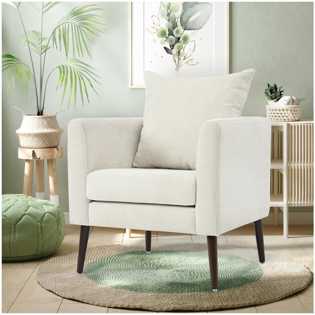 Cinkehome Accent Chair For Living Room, Modern Upholstered Chenille Arm Chair, Large Pillow, Solid Wood Legs, Beige