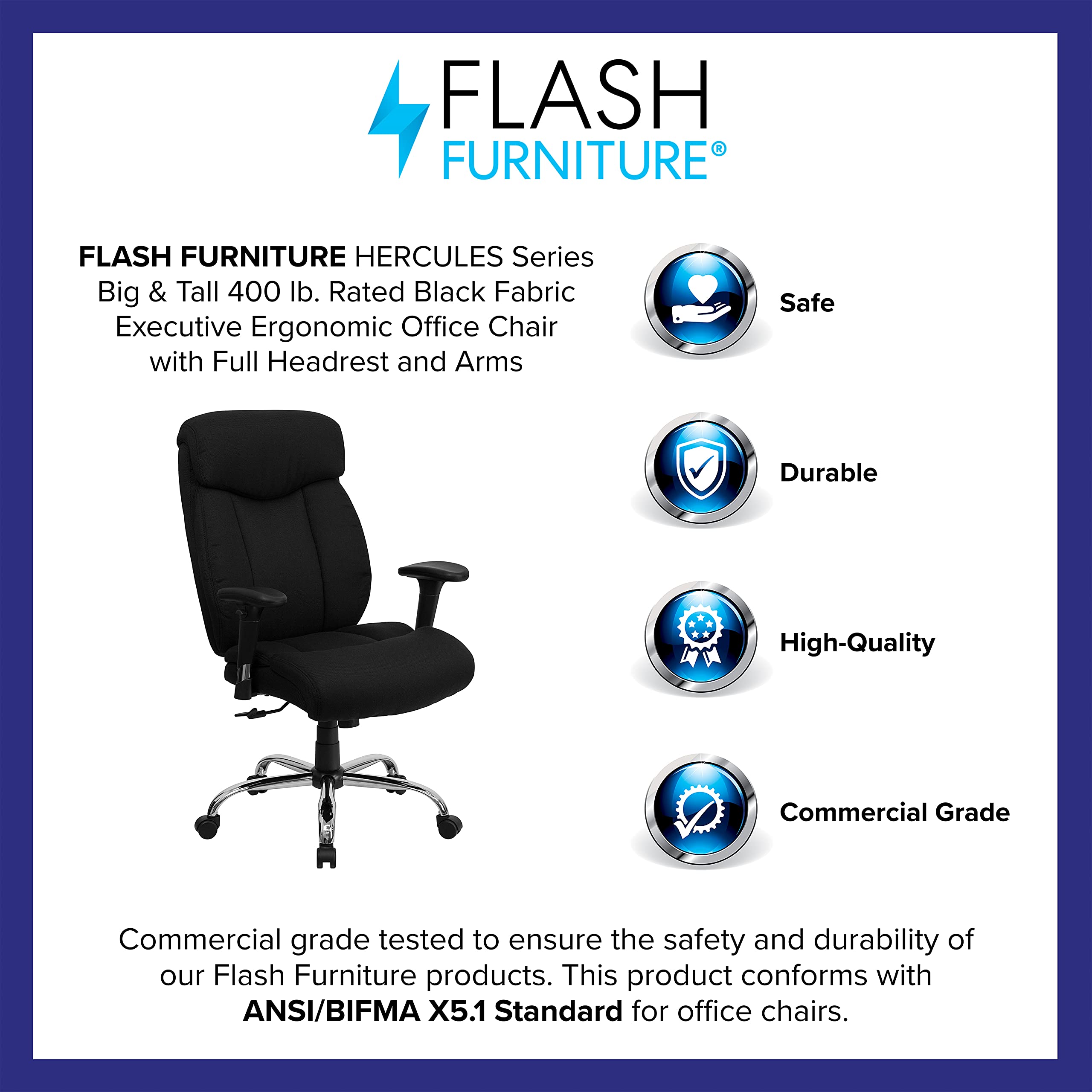 Flash Furniture HERCULES Series Big & Tall 400 lb. Rated Black Fabric Executive Ergonomic Office Chair with Full Headrest and Arms