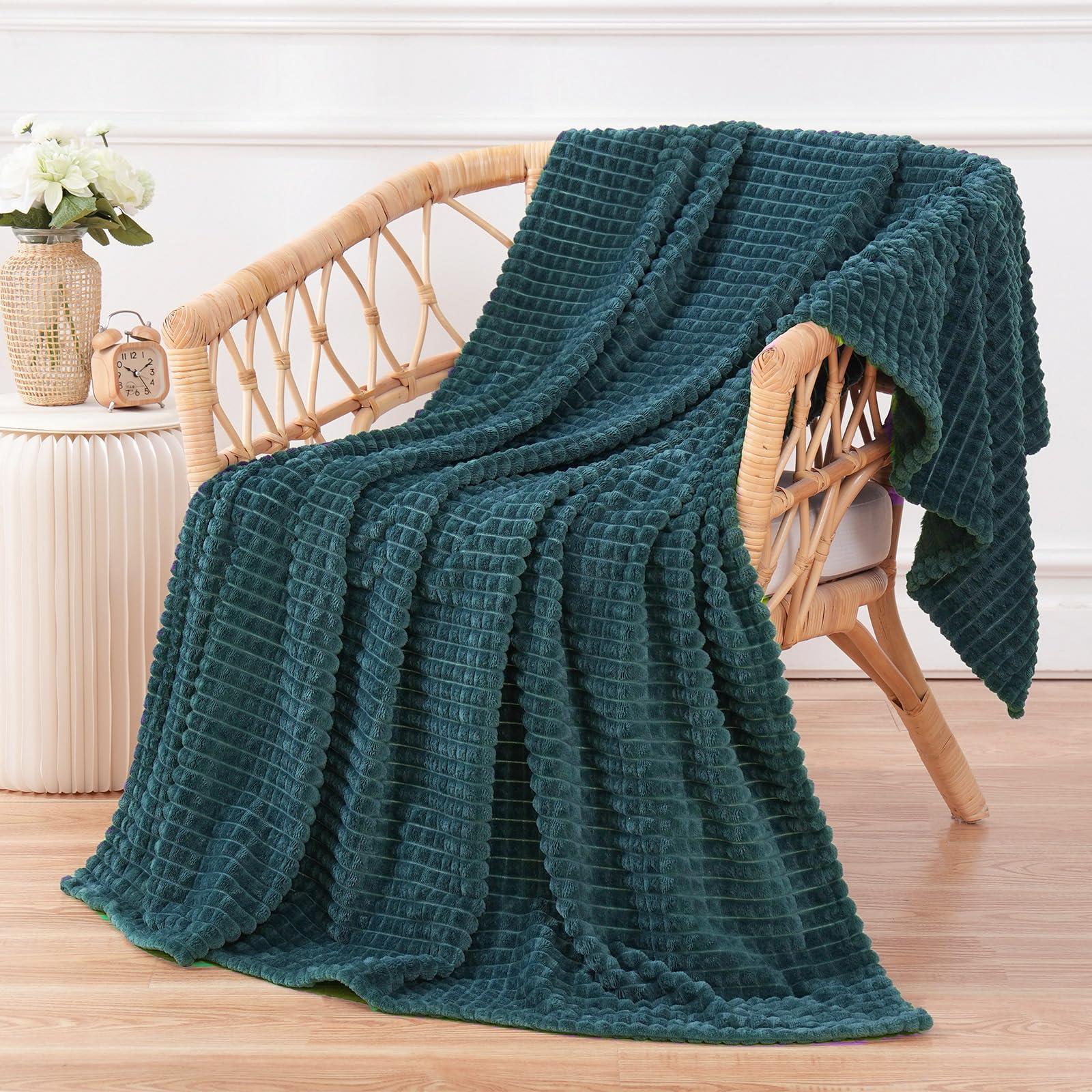 Puncuntex Flannel Fleece Throw Blanket Dusty Blue 60''  80'',Super Soft Plush Cozy Blanket With Square Grid Design Luxury For Co
