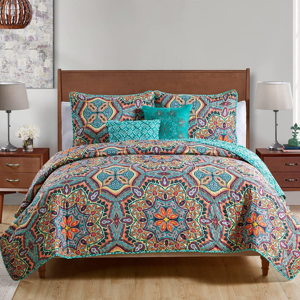 Vcny Home Yara Medallion 5 Piece Reversible Quilt Set, King, Aqua