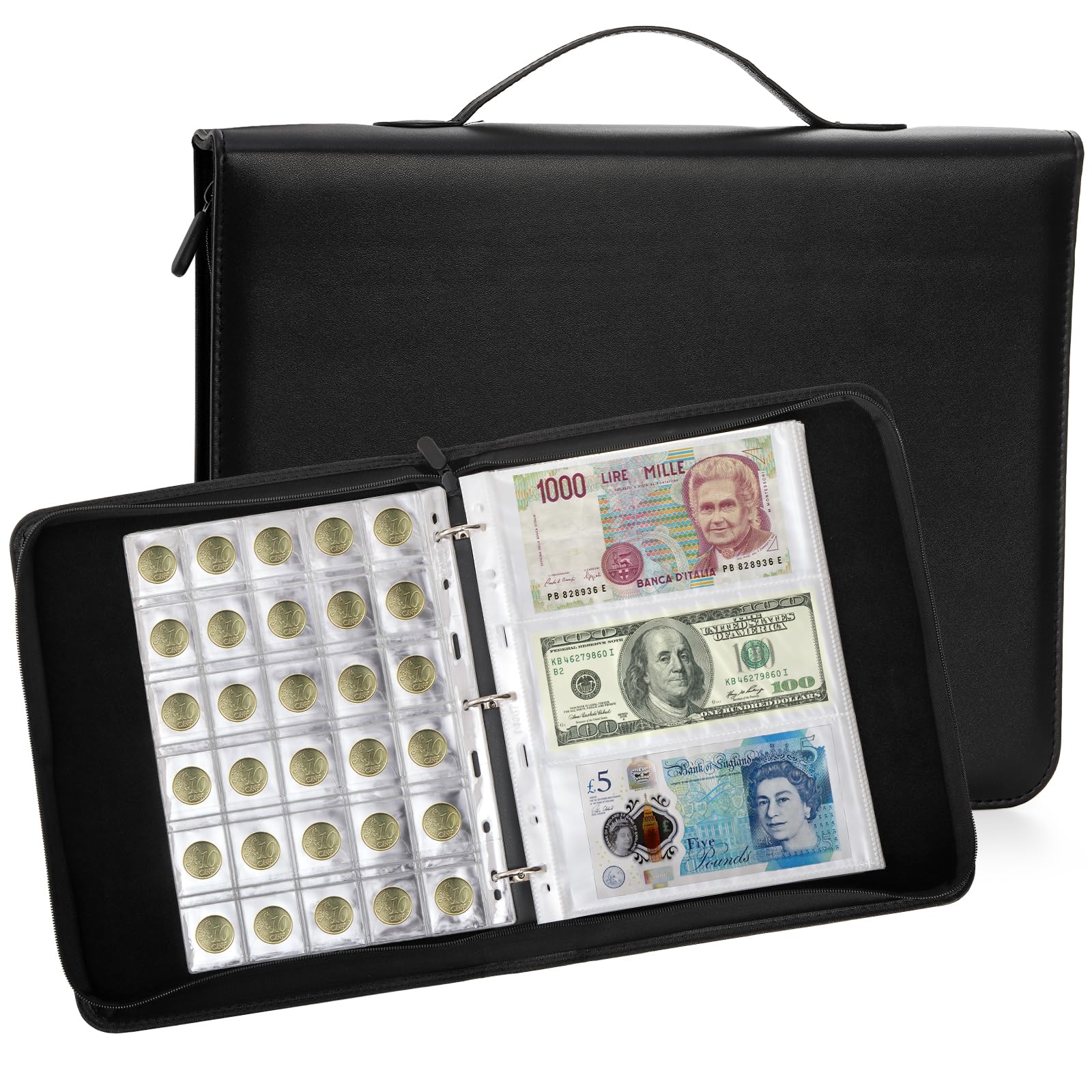 Jucoan Coin Collection Album, 310 Pockets Coin And Currency Collecting Album With Zipper And Handle, 60 Pockets Paper Money Stam