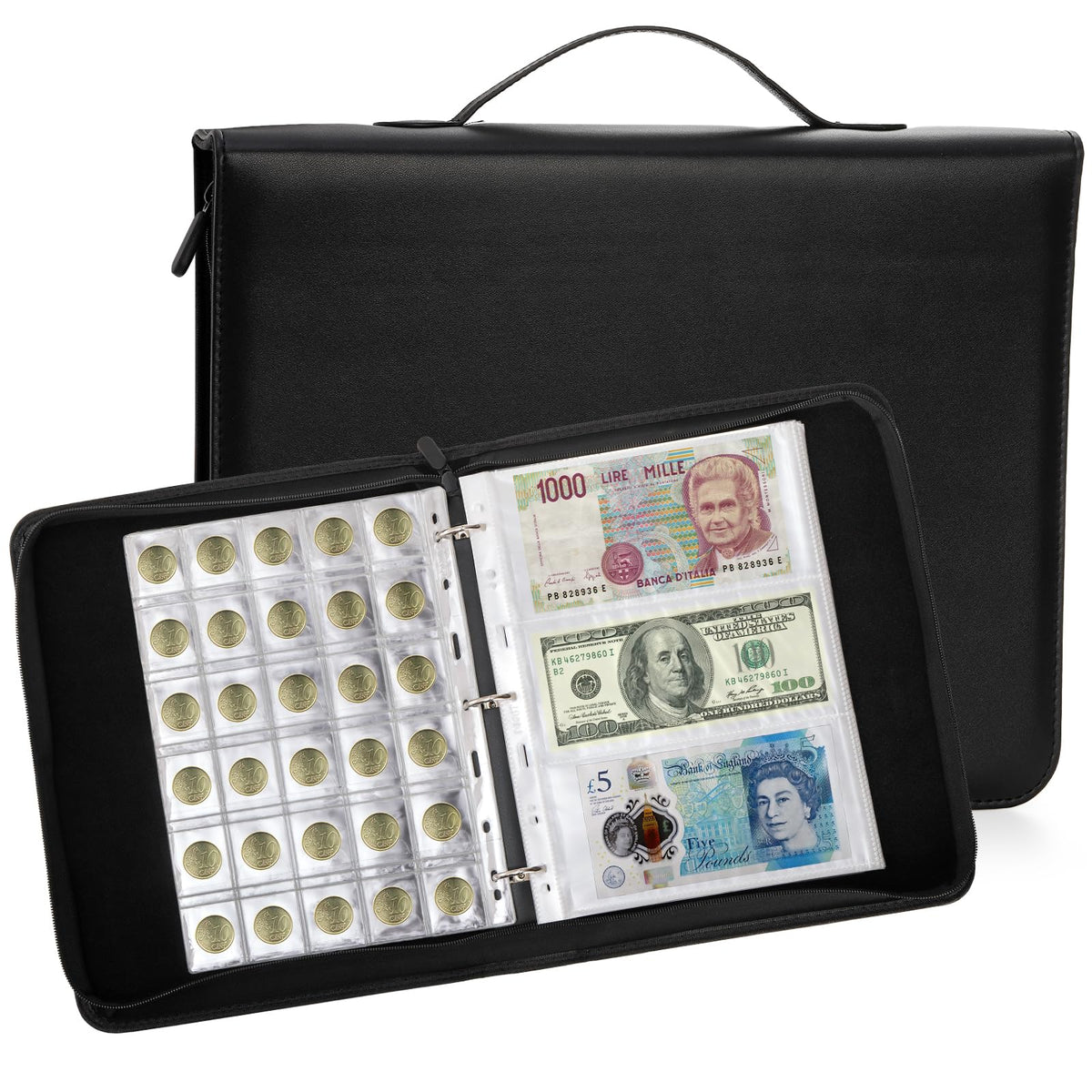 Jucoan Coin Collection Album, 310 Pockets Coin And Currency Collecting Album With Zipper And Handle, 60 Pockets Paper Money Stam