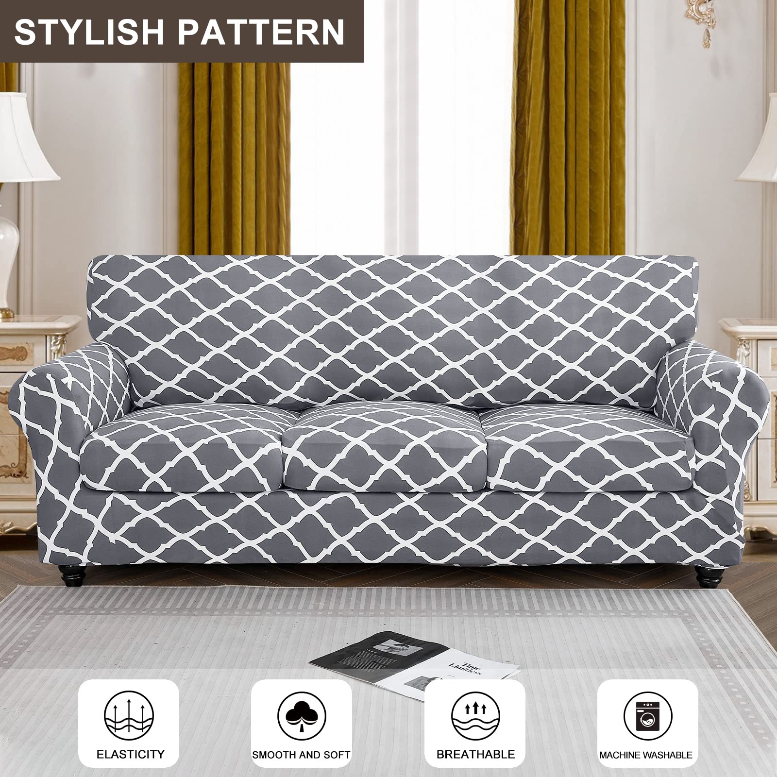 Searchi Stretch Sofa Cover Printed Couch Cover, Floral Pattern 4 Pieces Sofa Slipcover With 3 Separate Cushion Cover, Washable Furniture Protector For Living Room(Sofa, Gray+White)