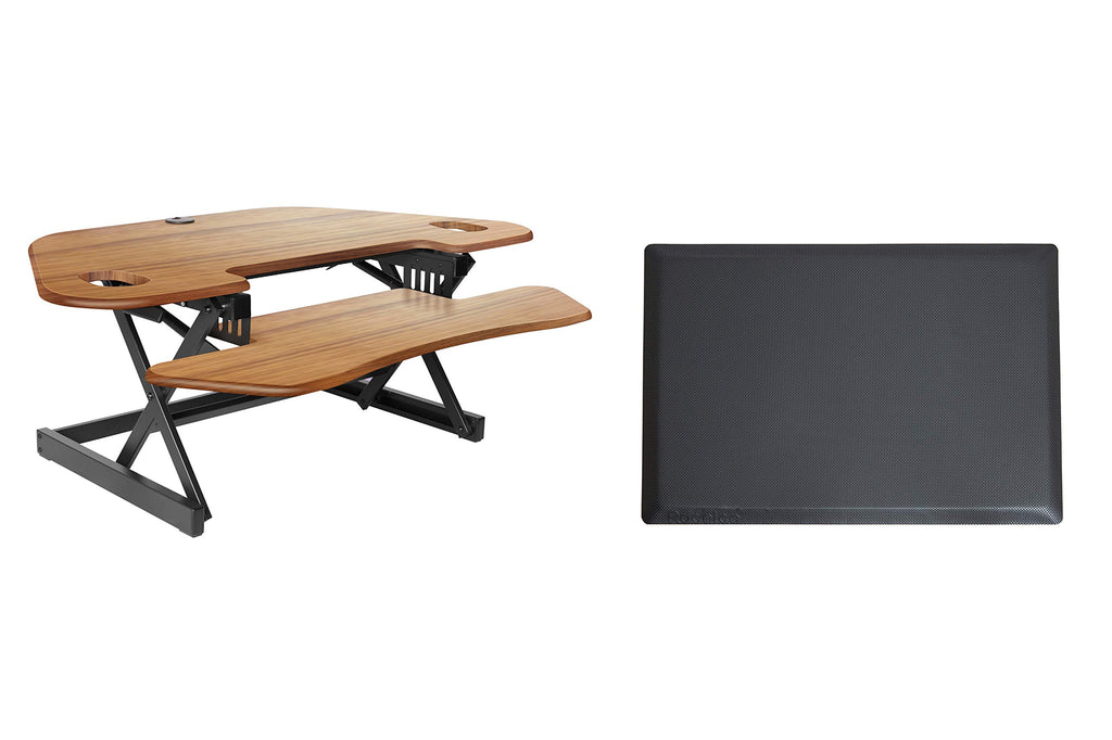 Rocelco 46" Height Adjustable Corner Standing Desk Converter with Anti Fatigue Mat Bundle - Quick Sit Stand Up Dual Monitor Riser - Computer Workstation - Teak Wood Grain (R CADRT-46-MAFM)