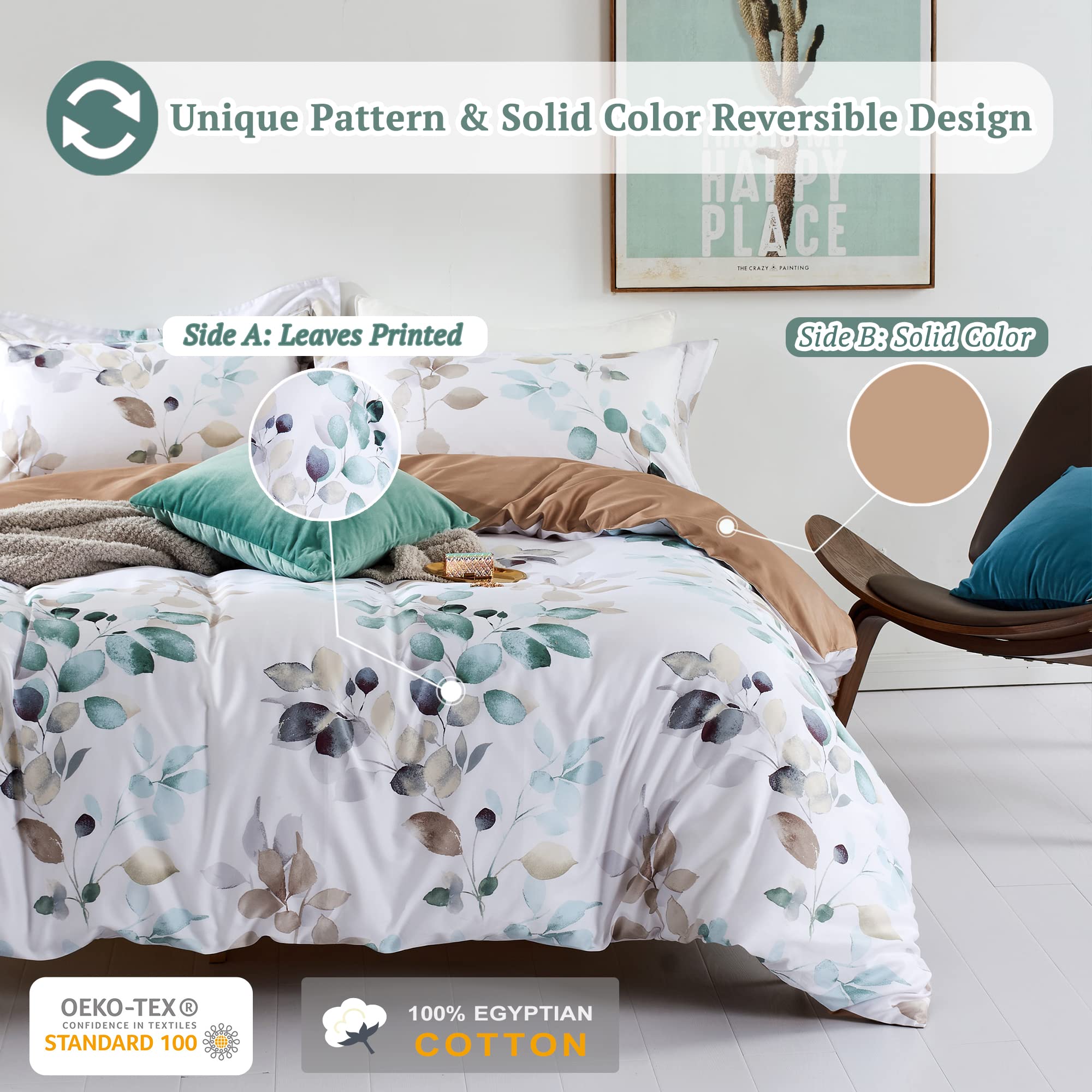 Mildly 100% Long-Staple Cotton Duvet Cover Set Teal Blue Green Leaf Pattern Printed Comforter Cover 3Pcs, Ultra Soft & Breathabl
