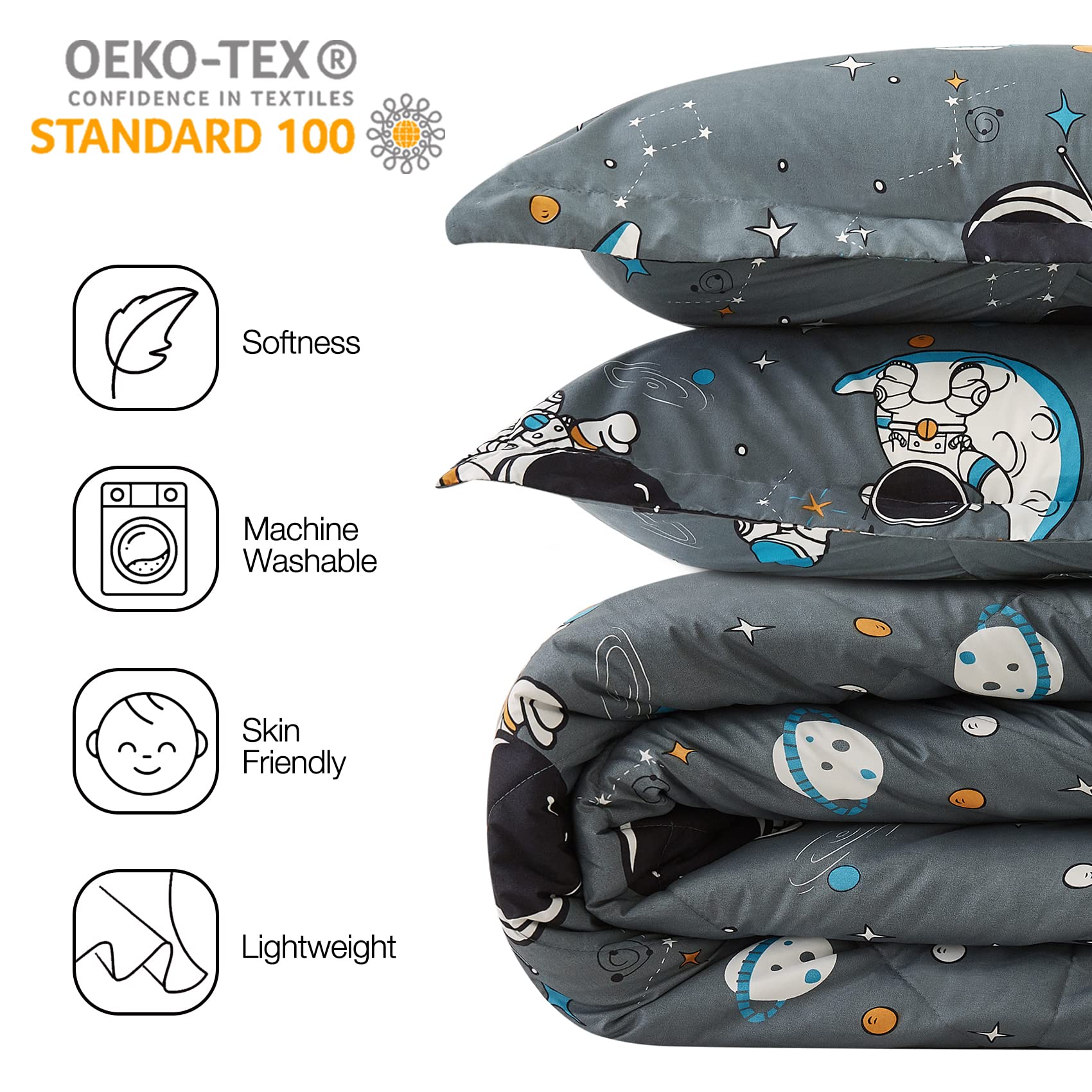 Jsd Grey Astronaut Kids Comforter Set Full Size, 3 Piece Space Theme Microfiber Comforter With Pillow Shams, Lightweight All Sea