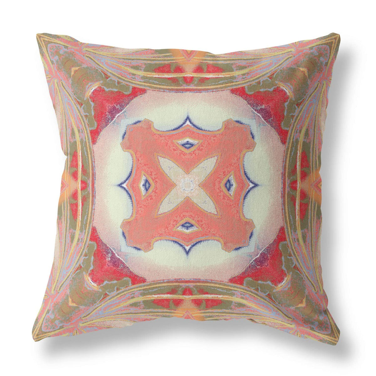 HomeRoots Muted Green Pink Peach Red 18â€ Peach Green Geo Tribal Suede Throw Pillow