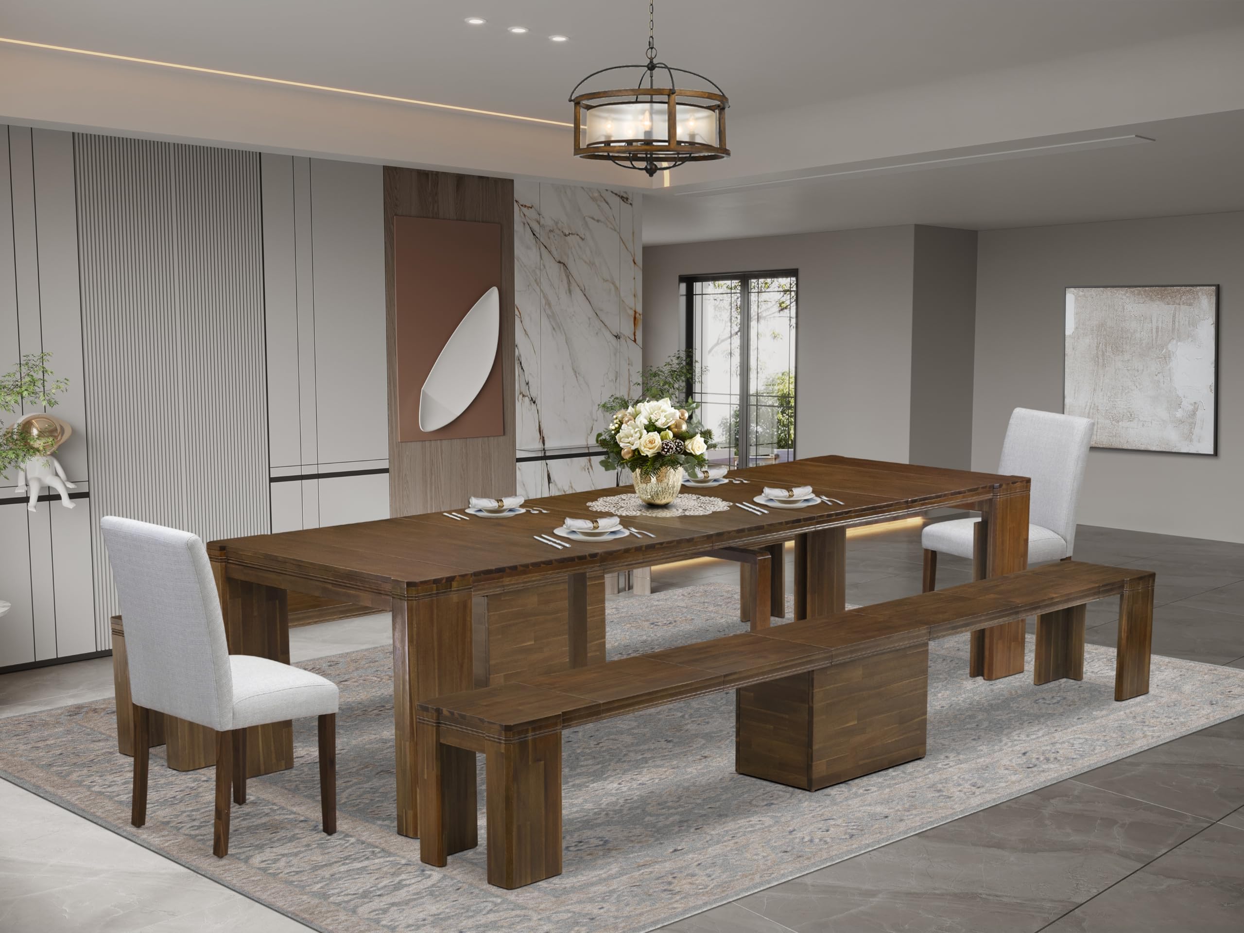 Luxe by East West Furniture - X02AB-208-05 - 5 Pieces Modern Dining Table Set includes an Extendable Rectangle Kitchen Table, 2 Dining Chairs and 2 Modern Benches, 39x120 Inch, Antique Walnut