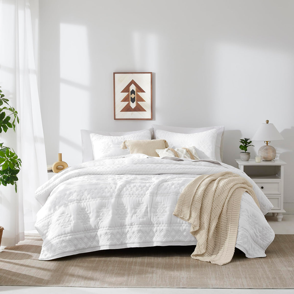 Wdcozy White Boho Queen Size Quilt Bedding Set With 2 Pillow Shams, Farmhouse Lightweight Soft Bedspread Coverlet For All Season