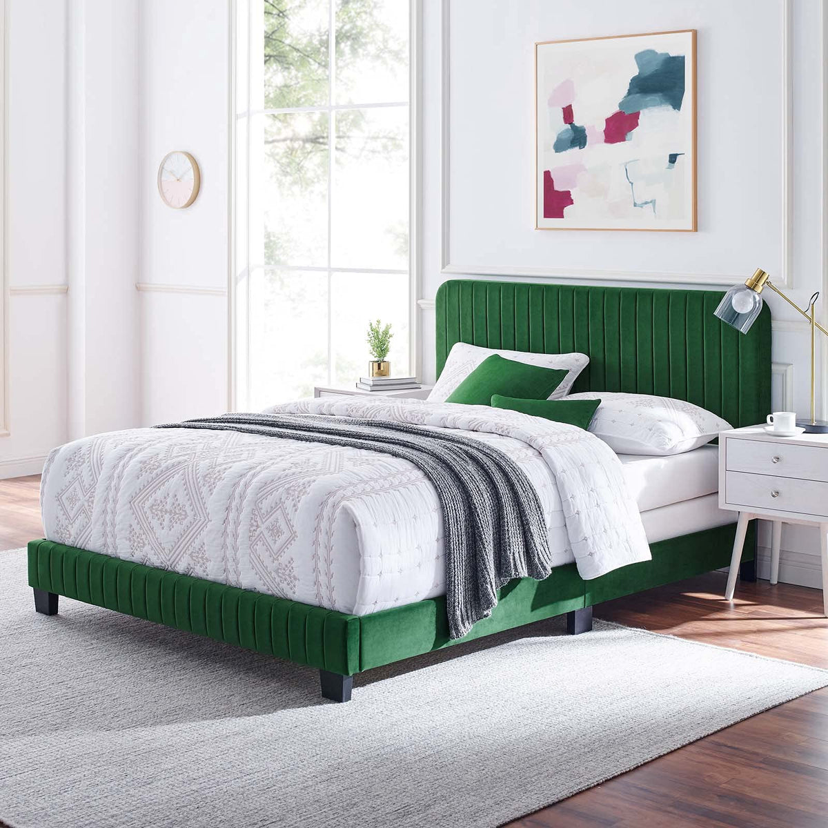 Modway Celine Channel Tufted Performance Velvet Bed, King, Emerald