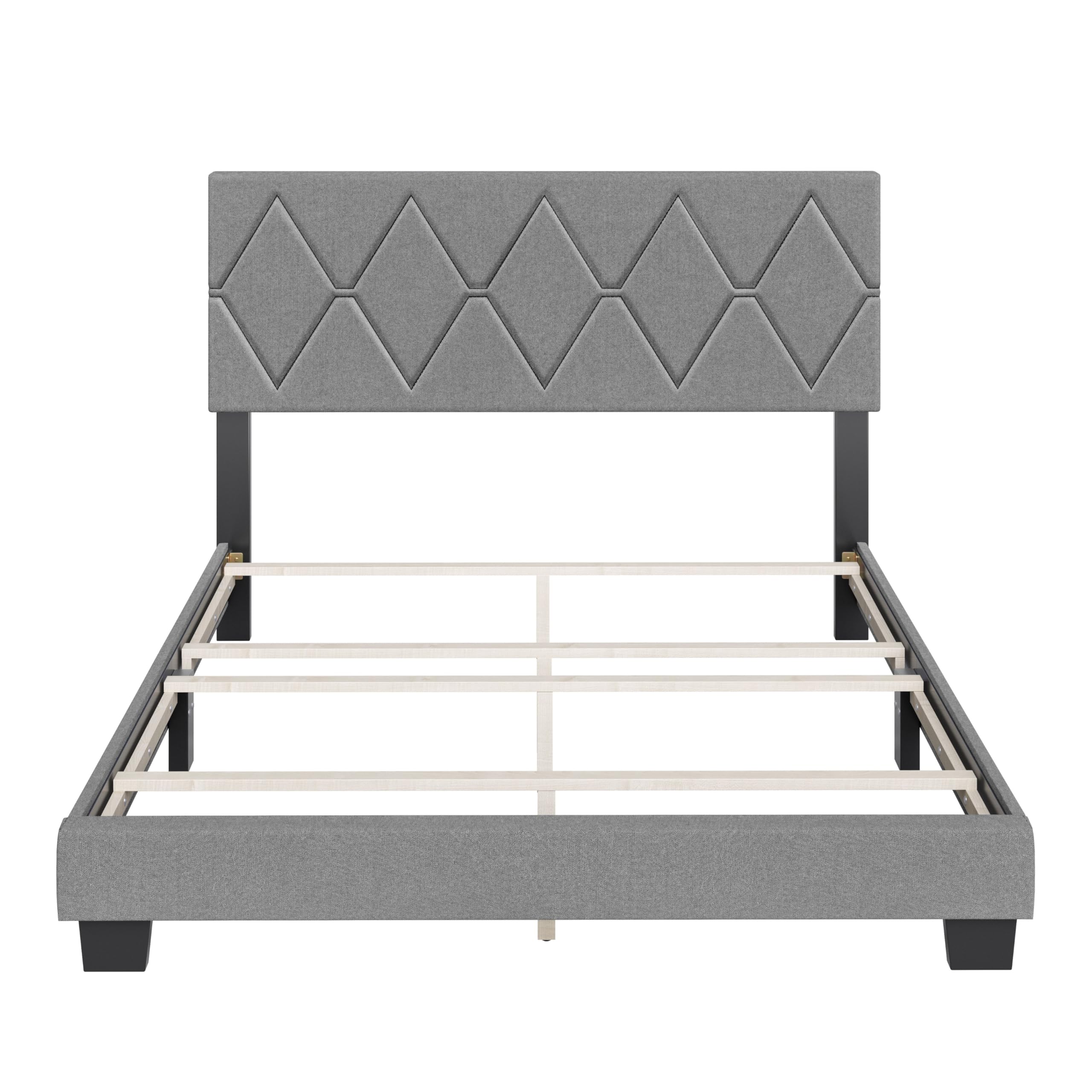Boyd Sleep Diamond Upholstered Platform Bed with Headboard and Durable Mattress Foundation with Strong 4 Wood Slat Supports, Box Spring Required: King, Gray