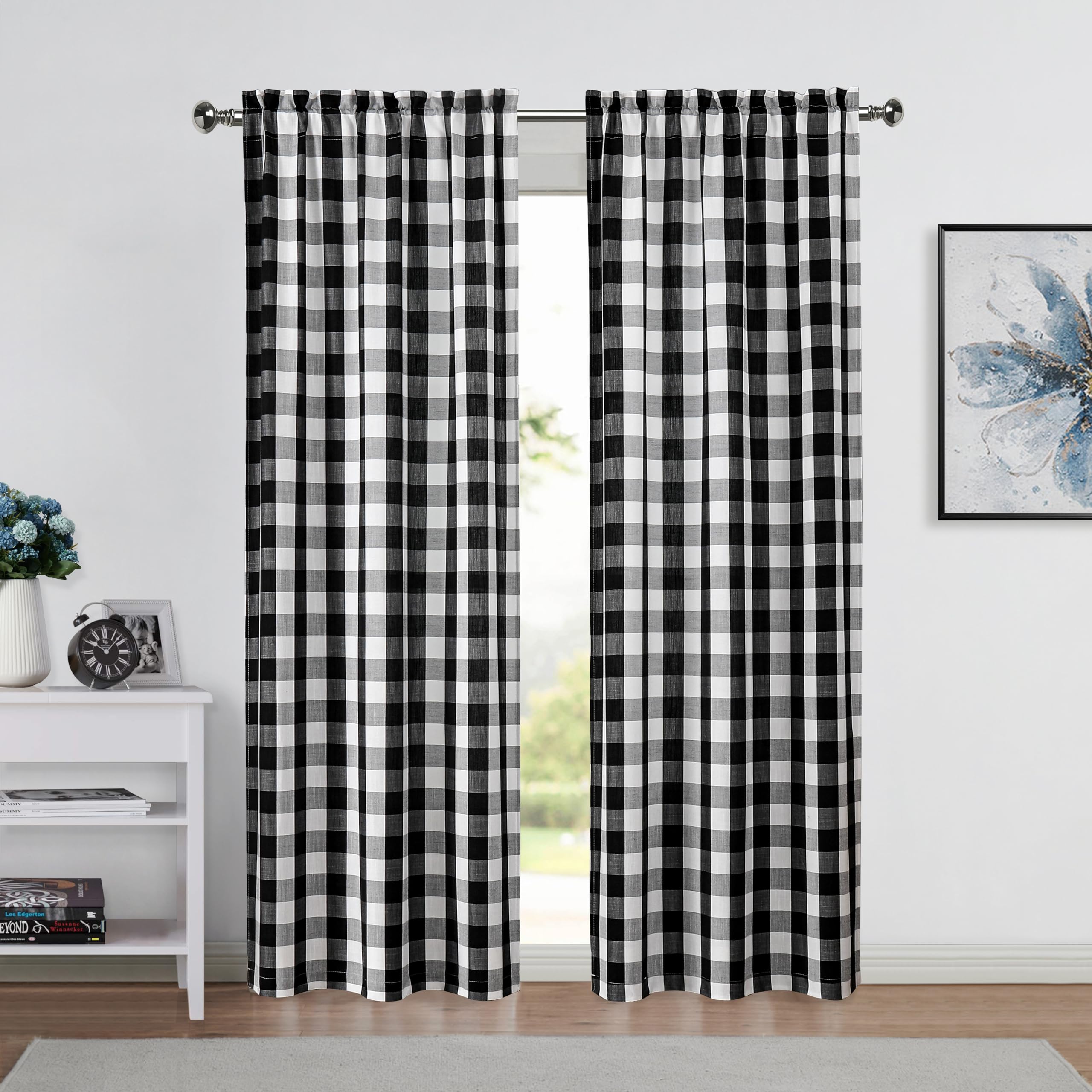 Bapawfish Black White Buffalo Plaid Semi Sheer Curtain Panels 72 Inches Long,Farmhouse Gingham Rod Pocket Drapes,Retro Checkered