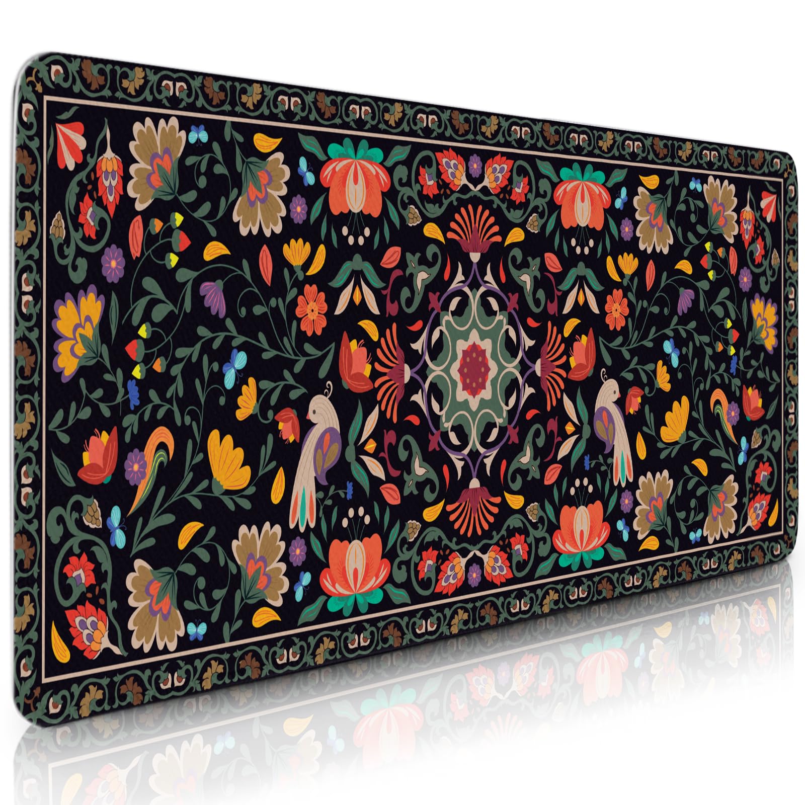 Vintage Flower Gaming Mouse Pad, Large Computer Keyboard RetroFloral Mousepad, Mouse Mat Big Non-Slip Base Stitched Edges, Deskt