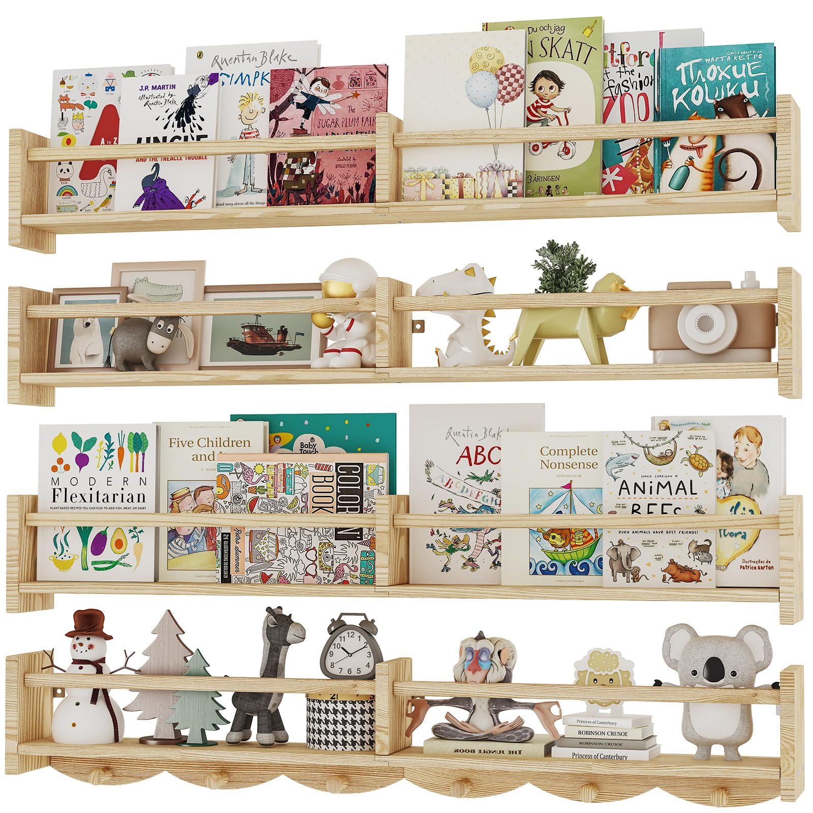 ECOOCE 34Inch Nursery Bookshelves,Set of 4,Wall Floating Shelf Kids Coat Rack with 6Hooks,Hanging Book Shelf for Baby Nursery Ro