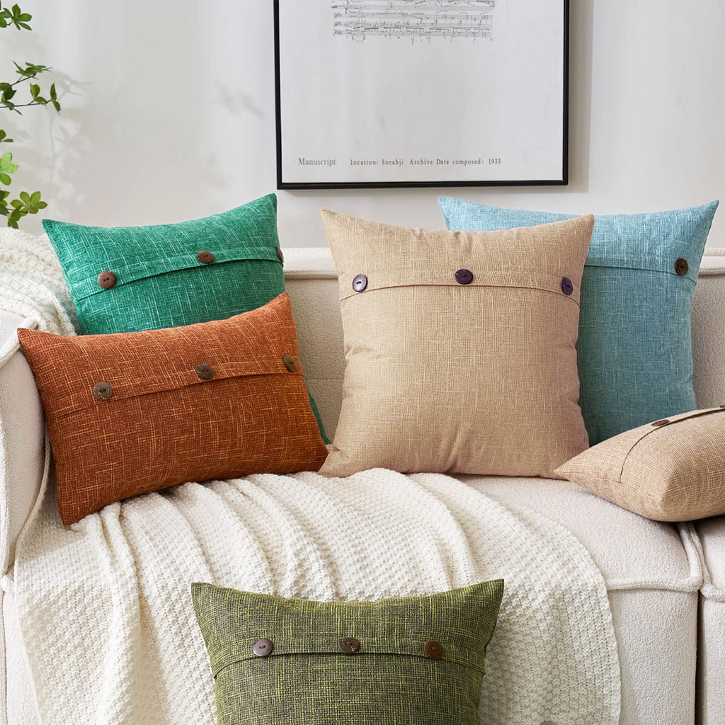 Miulee Set Of 2 Linen Throw Pillow Covers Cushion Case Triple Button Vintage Farmhouse Pillowcase For Couch Sofa Bed 20 X 20 Inch Light Tan