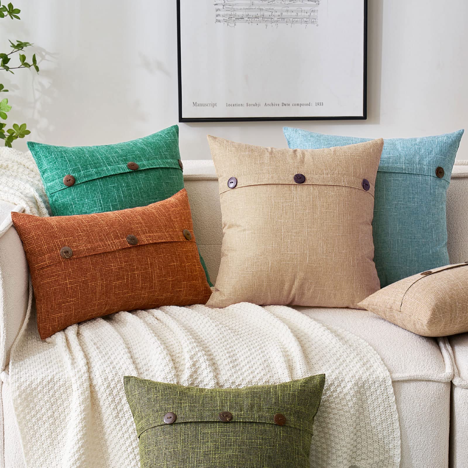 Miulee Set Of 2 Linen Throw Pillow Covers Cushion Case Triple Button Vintage Farmhouse Pillowcase For Couch Sofa Bed 20 X 20 Inch Light Tan