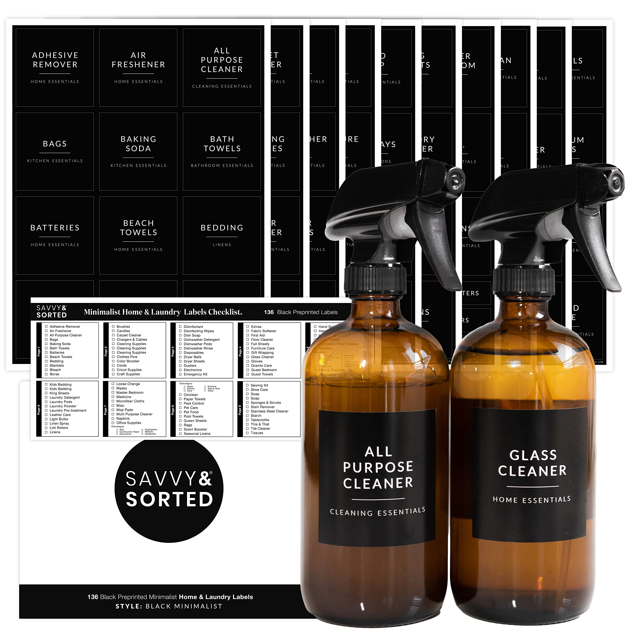 Black Laundry Labels For Jars, 136 Preprinted Home And Laundry Label Stickers For Storage Bins, Cleaning Jars, Spray Bottles, Li