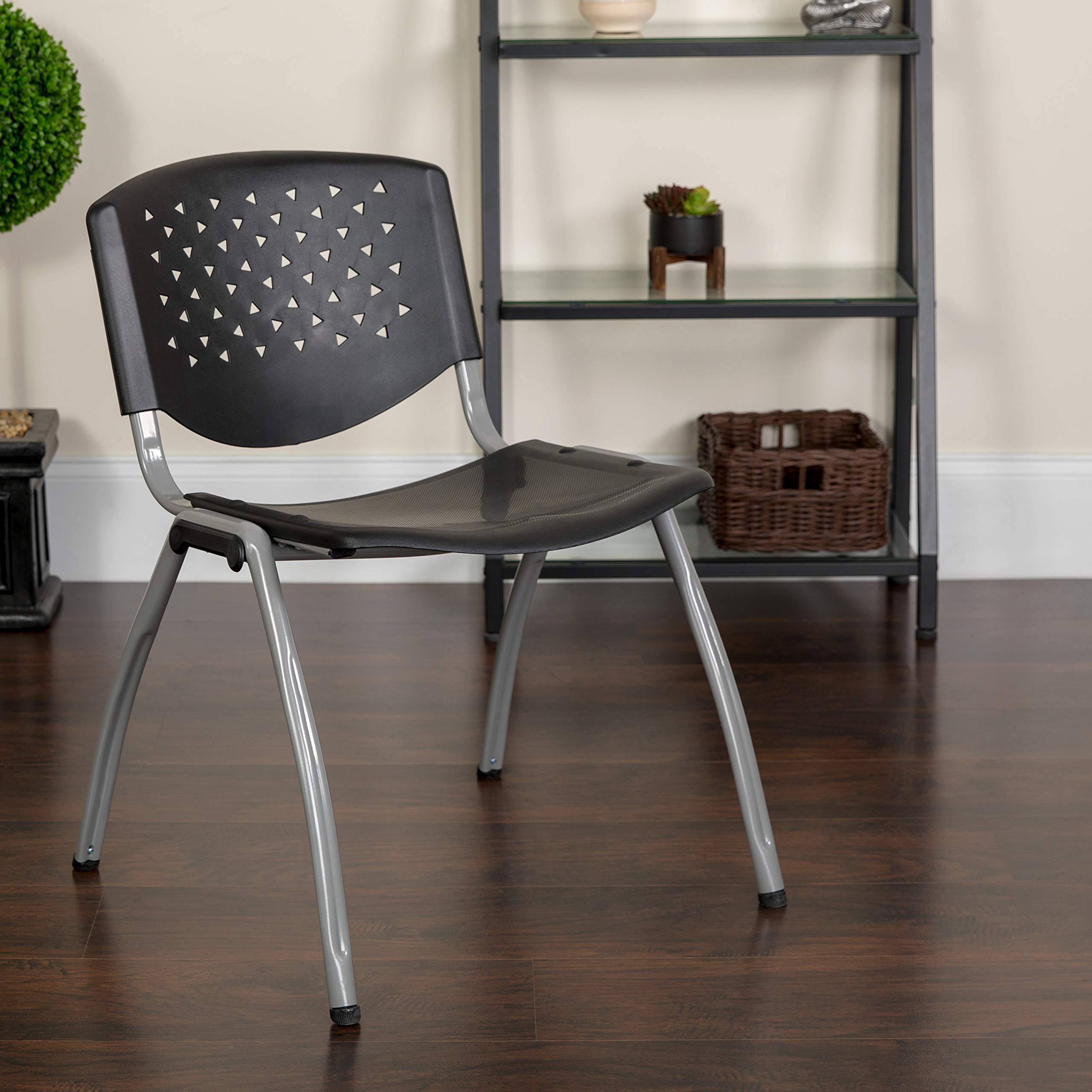 Flash Furniture HERCULES Series 880 lb. Capacity Black Plastic Stack Chair with Titanium Gray Powder Coated Frame