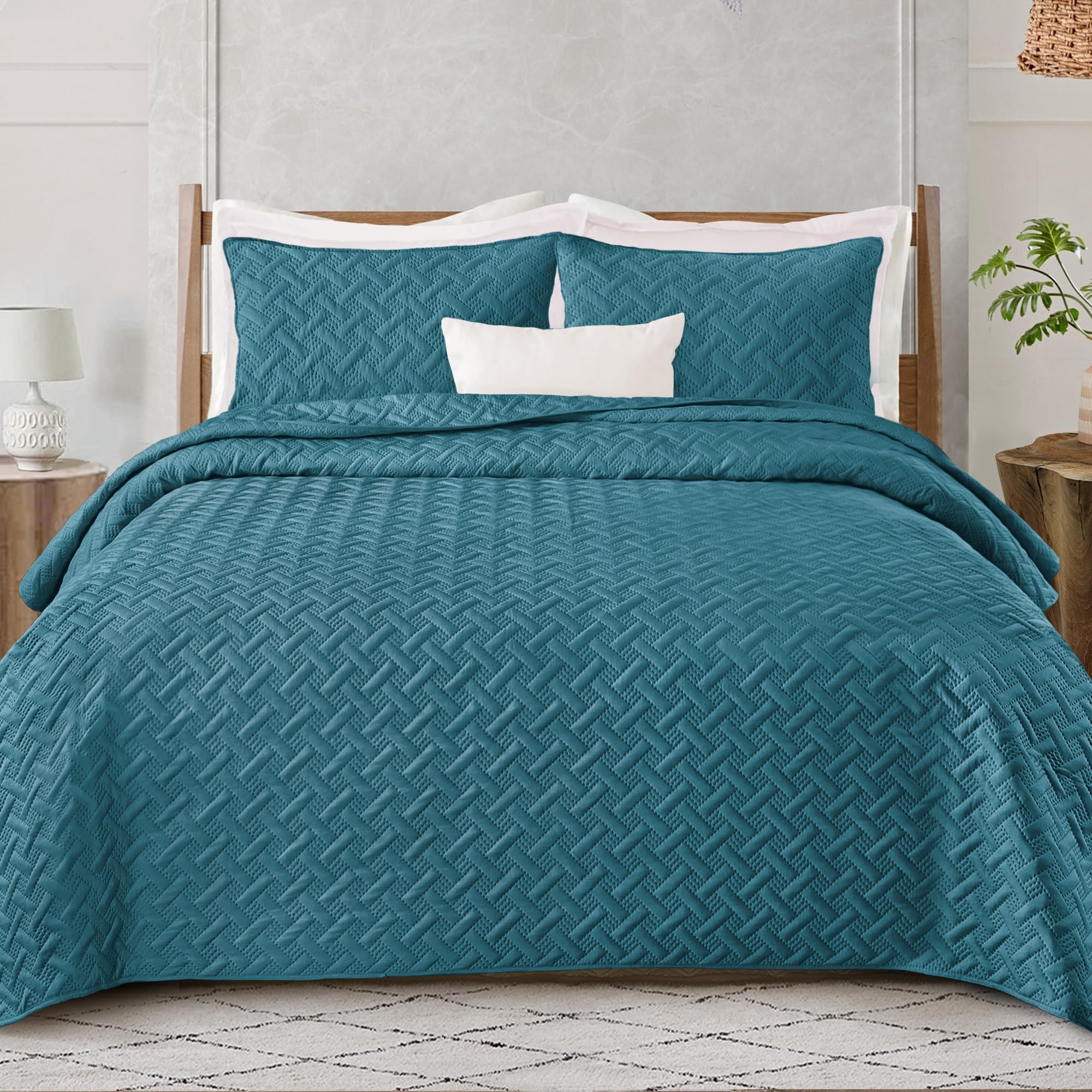 Exclusivo Mezcla Soft Quilt Set Queen Full Size, 3 Pieces Lightweight Quilts Teal Bedspreads Coverlets Bedding Set For All Seaso