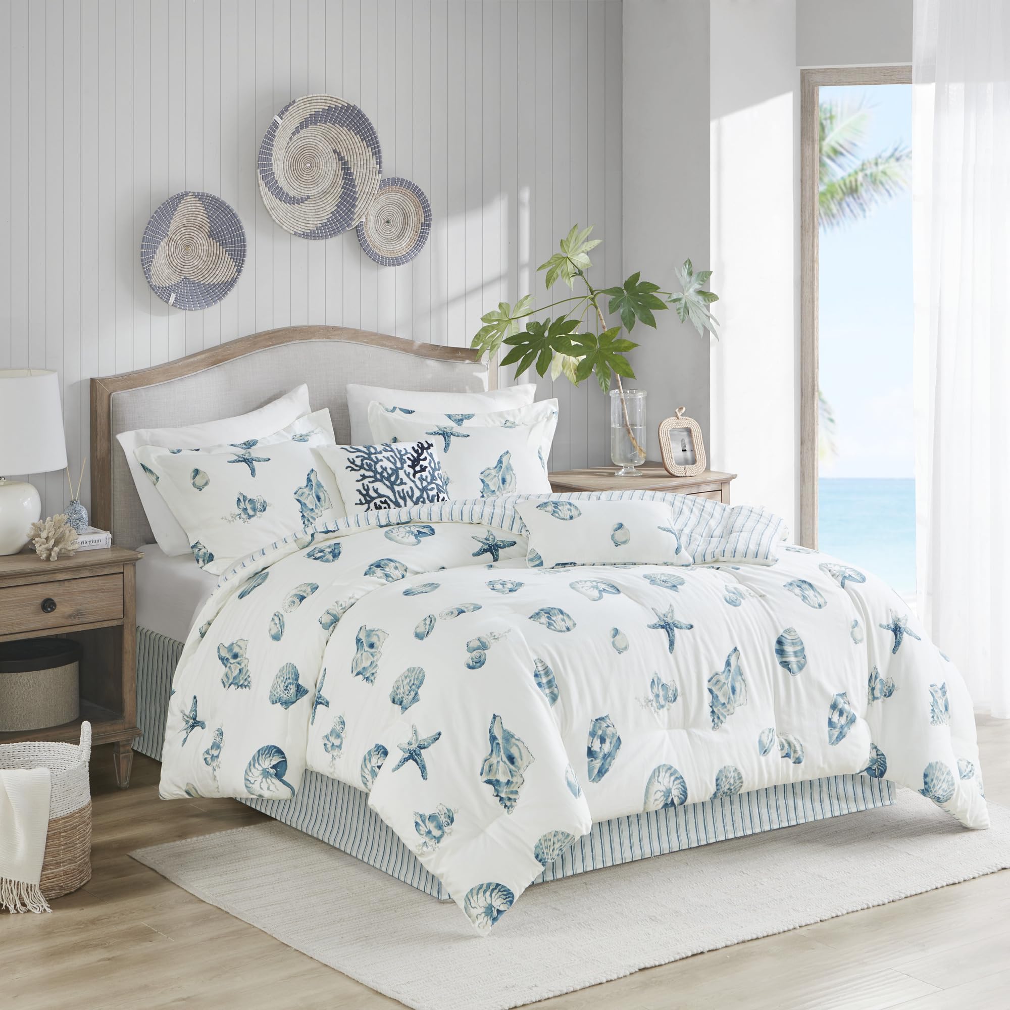 Harbor House Cozy Cotton Comforter Set - Coastal, All Season Down Alternative Casual Bedding With Matching Shams, Decorative Pillows, Beach House, Reversible Seashell Blue Queen(92X96) 4 Piece
