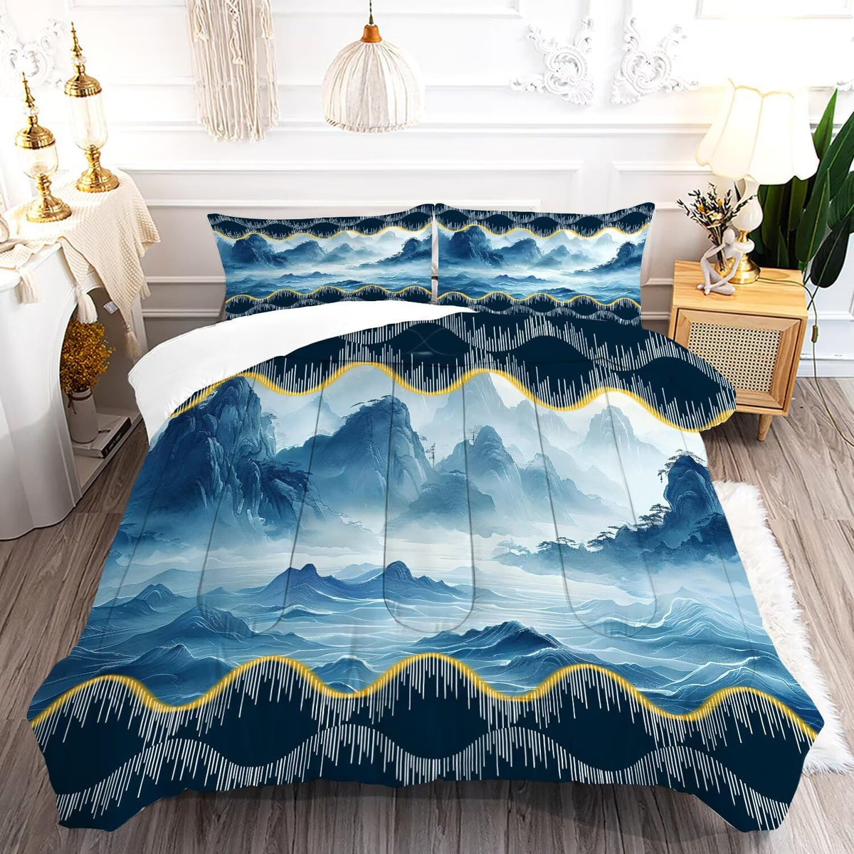 Fuyeun Blue Comforter Set Queen: Landscape Bedding For Women Girls Kids Teens Bedroom Bed Dorm Boho Hills And Waters Quilt 1 Com