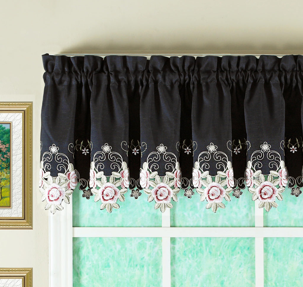 Today'S Curtain Verona Reverse Embroidery Valance, 14', Black/Rose, 60' W X 14' L