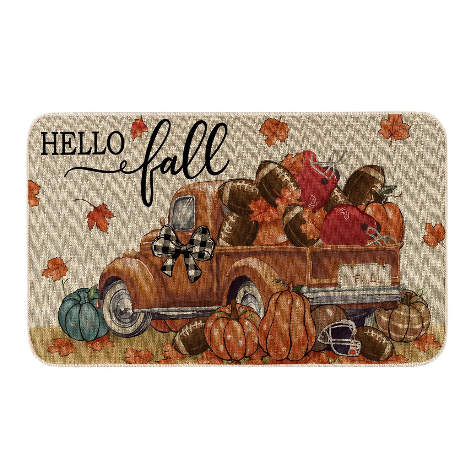 Moutina Hello Fall Football Truck Pumpkin Maple Leaves Door Mat 17 X 29 Inch,Seasonal Autumn Harvest Thanksgiving Decorative Doo