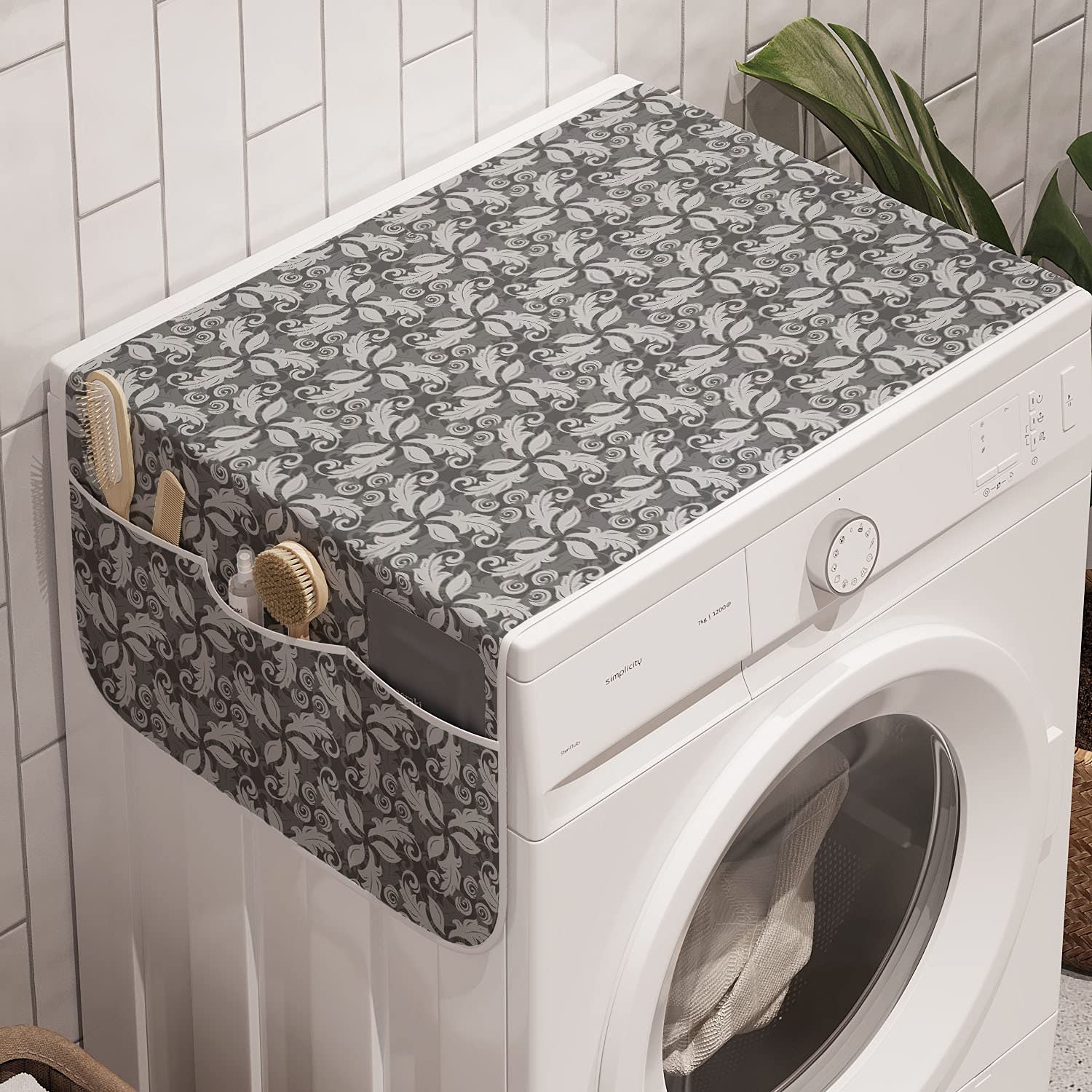 Lunarable Grey Abstract Washing Machine Organizer, Classical Foliage Pattern With Design Influences Vintage, Anti-Slip Fabric To