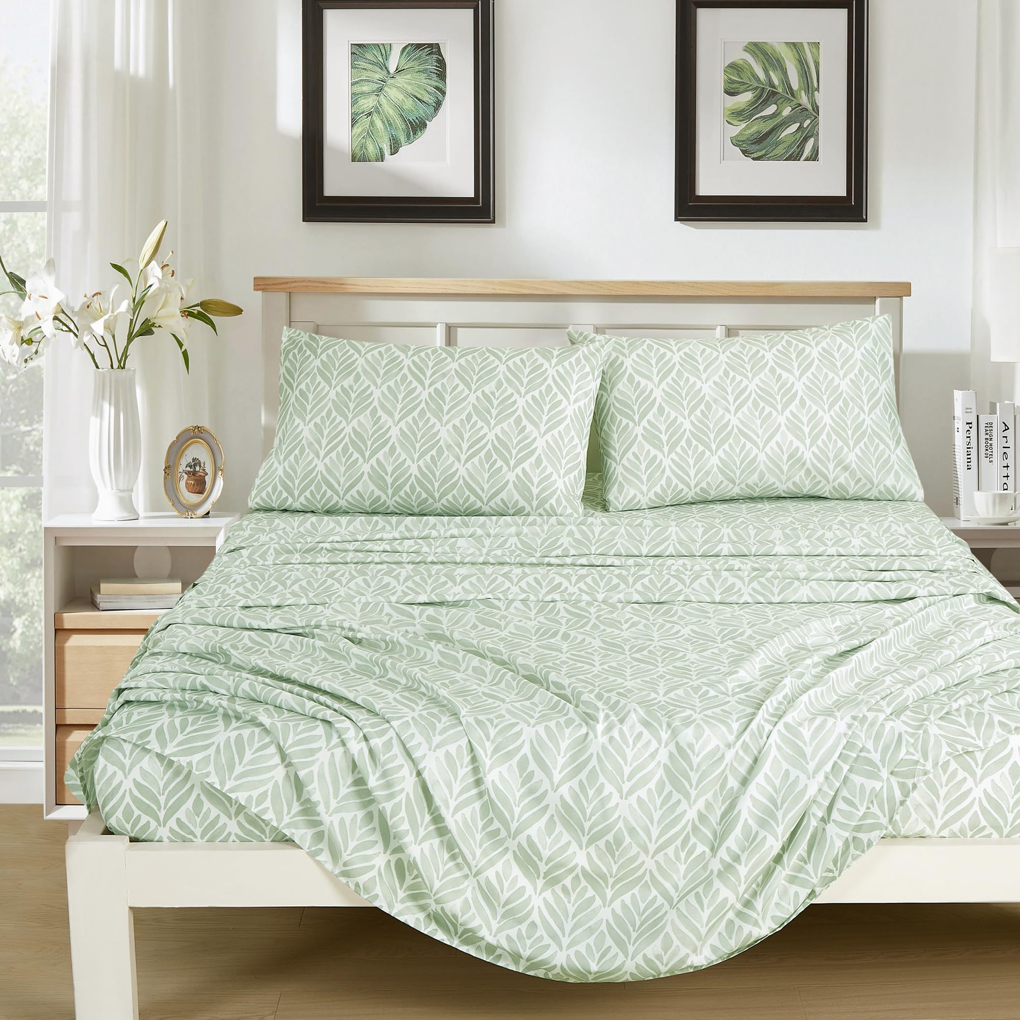 Chezmoi Collection Medina 4-Piece Tranquil Leaf Bed Sheet Set - Soft Green White Leaves Printed Microfiber 14-Inches Deep Pocket