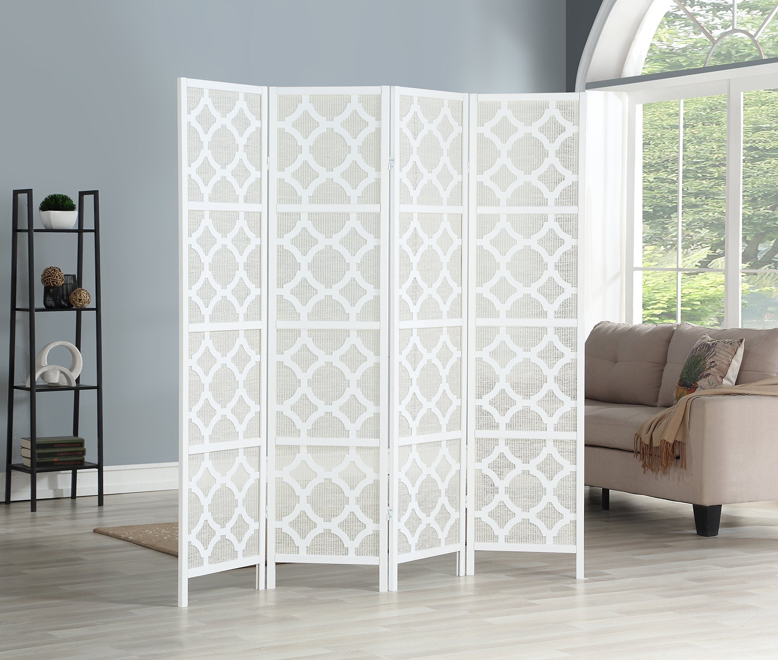 Quarterfoil Infused Diamond Design 4-Panel Room Divider, White