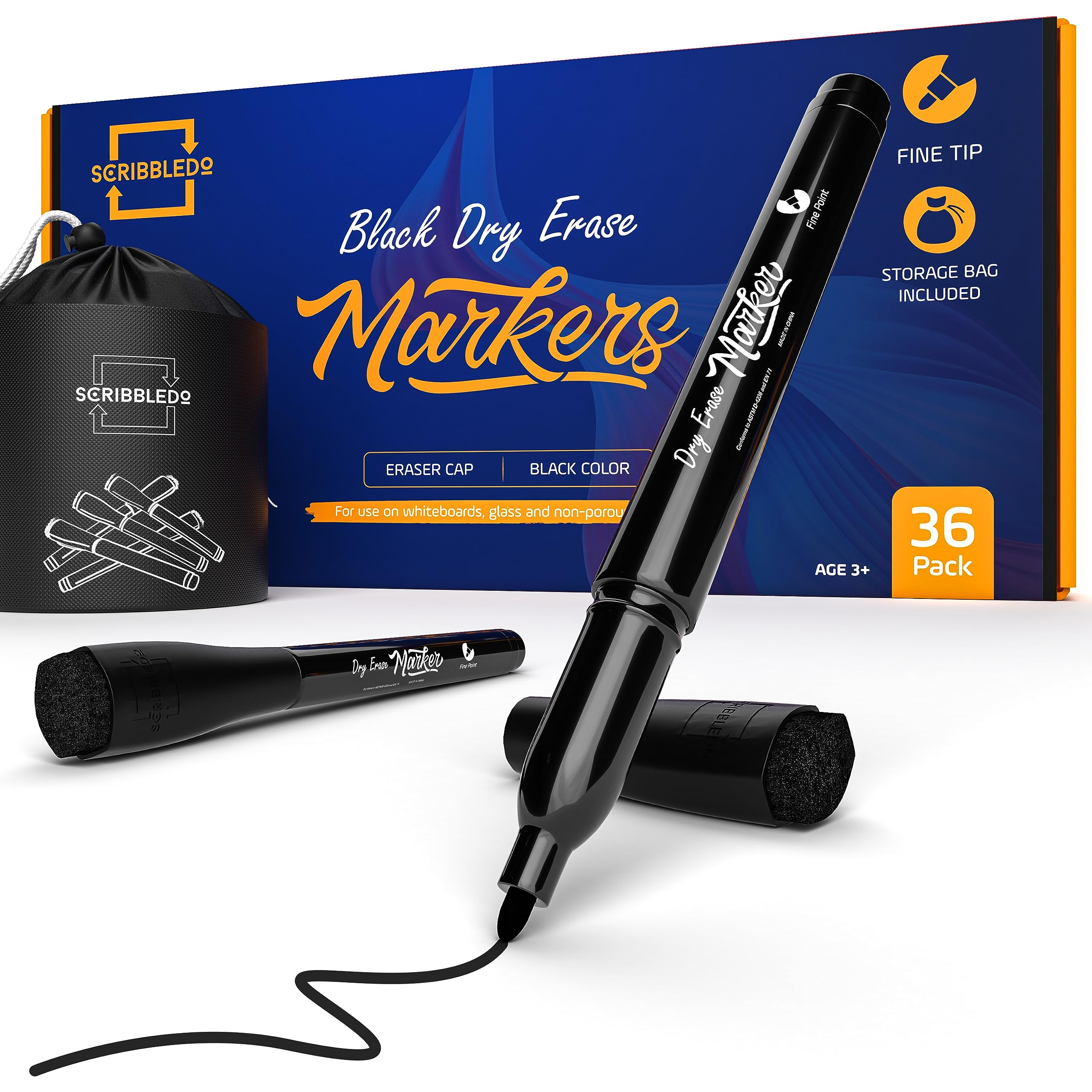 Scribbledo 36 Pack Dry Erase Markers Black Fine Tip Whiteboard Markers With Eraser Cap Thin Low Odor Skinny White Board Markers