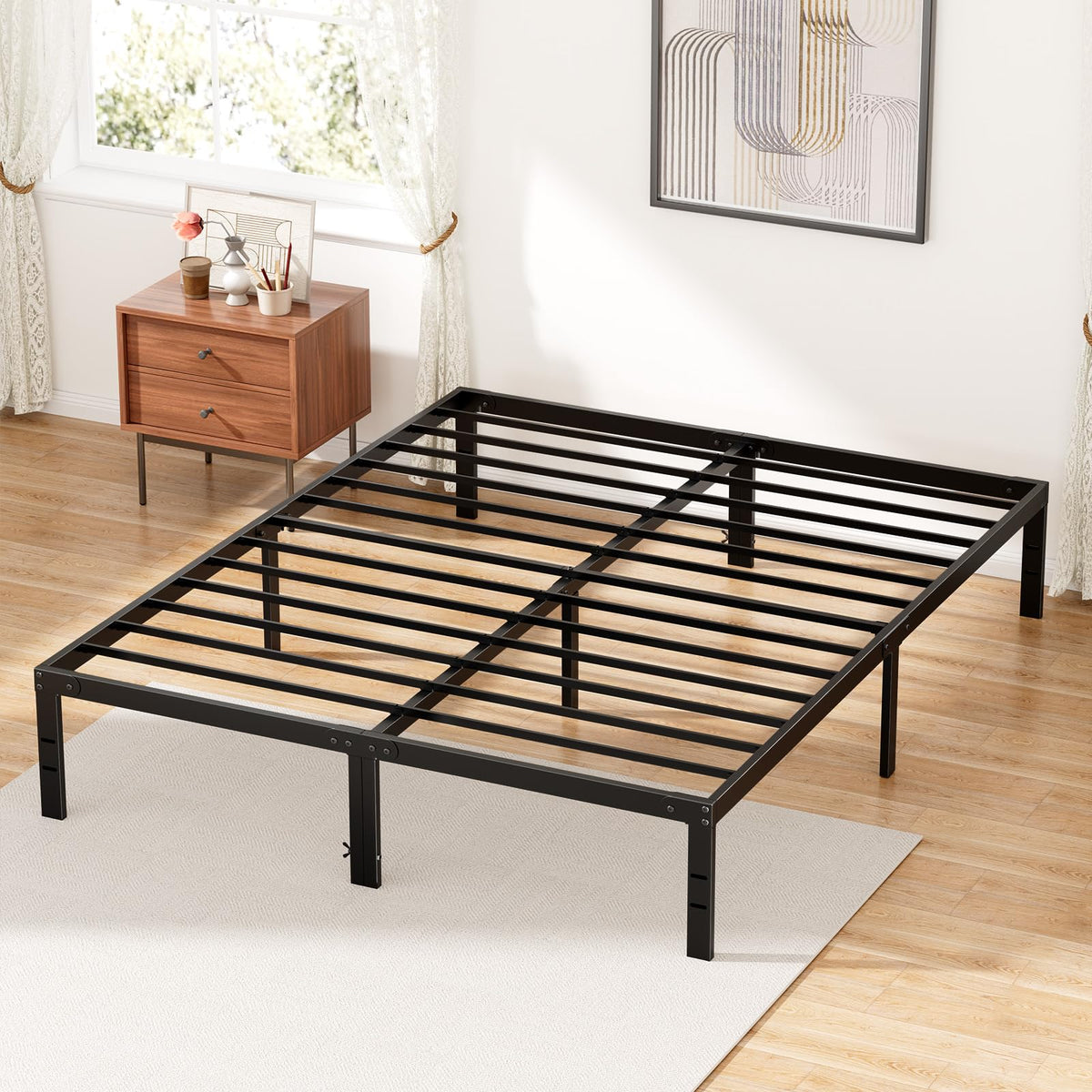 Dumos Bed Frame - Full Size Metal Platform Bed Frame Mattress Foundation With Steel Slat Support, No Box Spring Needed, Storage Space Under Frame, Easy Assembly, Black