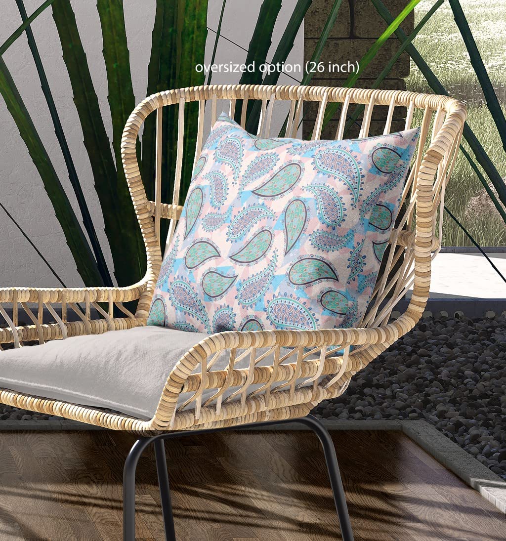 HomeRoots Blue Green Pink Broadcloth 28â€ Blue Green Boho Paisley Indoor Outdoor Throw Pillow